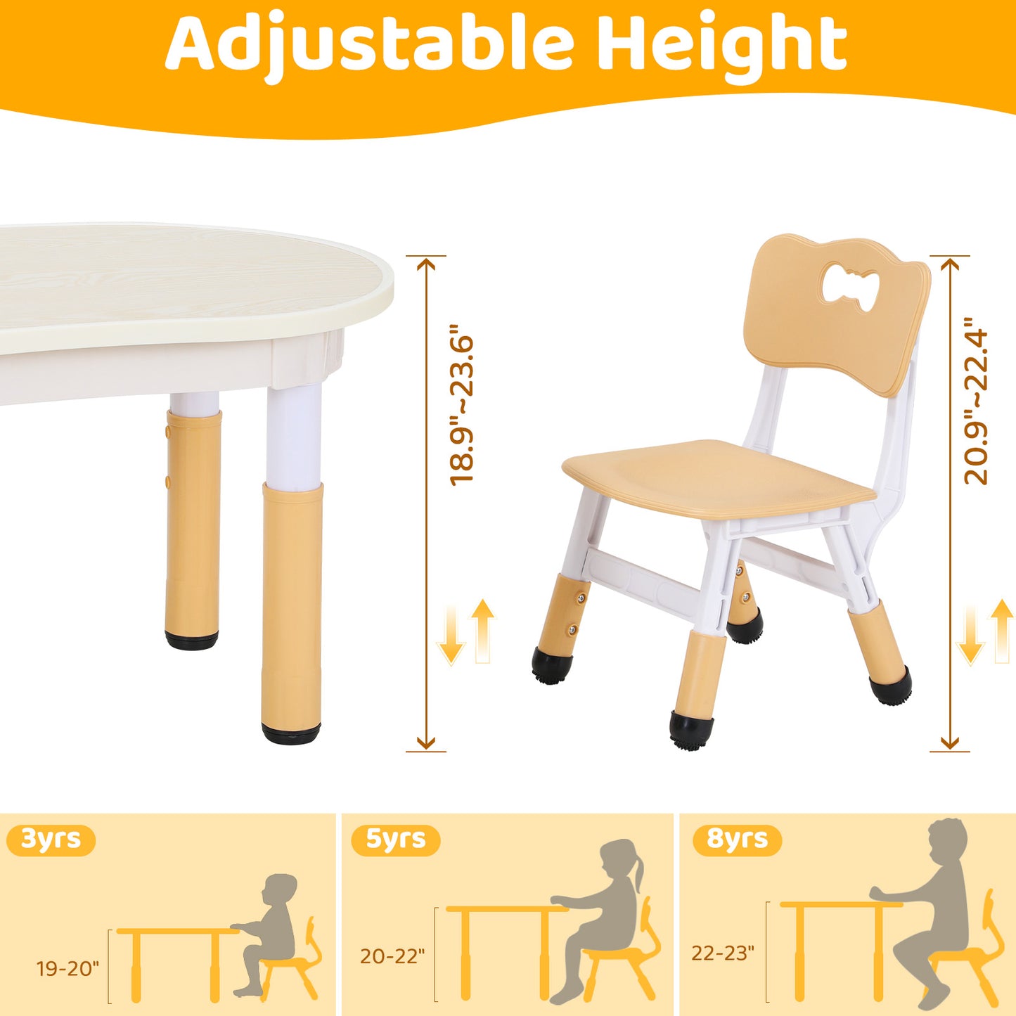 LAZY BUDDY Kids Table and 2 Chairs Set, Height Adjustable Plastic Children Arts & Crafts Desk for Ages 3-8, Cute Peanut Shape Graffiti Desktop