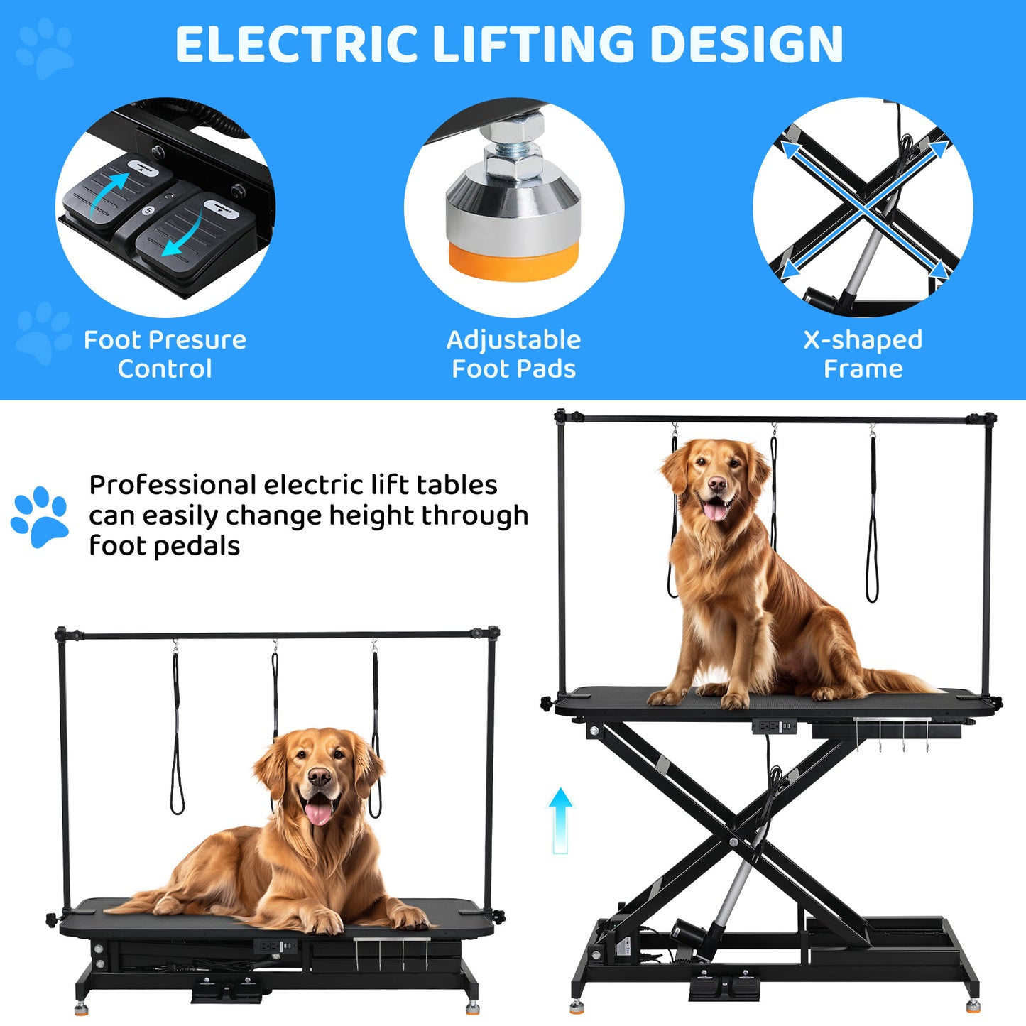 LAZY BUDDY 49.2” Electric Pet Grooming Table, Heavy Duty Dog Hydraulic Grooming Station with Arm, Nooses & Multi-hole Socket