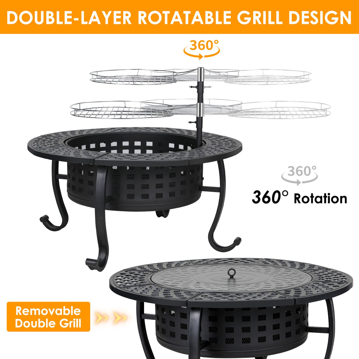 LAZY BUDDY Metal Fire Pits for Outdoor, 37'' Round Wood Burning Fire Pit Table with 2 Removable 360 Degree Swivel Cooking Grills, Lid and Fire Poker, for Outside Patio BBQ Firepit Bonfire Party