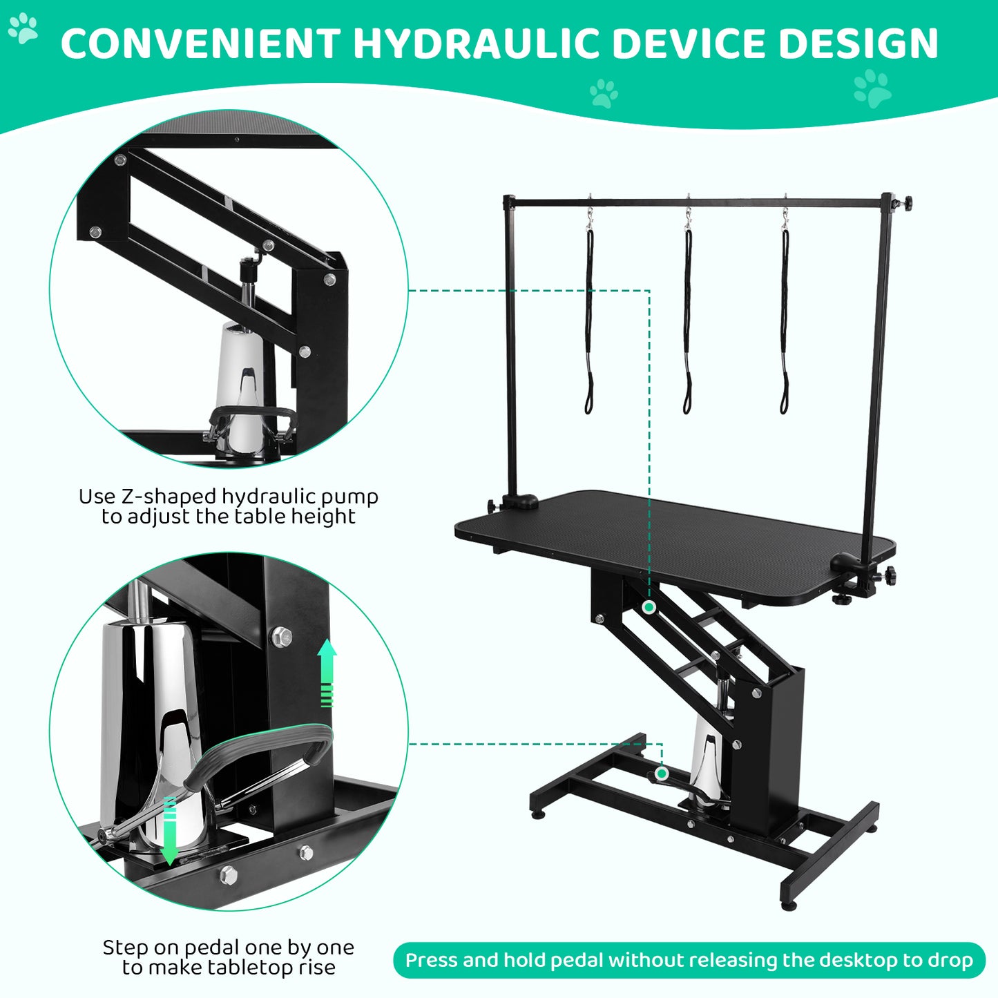 LAZY BUDDY 43'' Hydraulic Dog Grooming Table, Heavy Duty Pet Trimming Table with Arm, Nooses