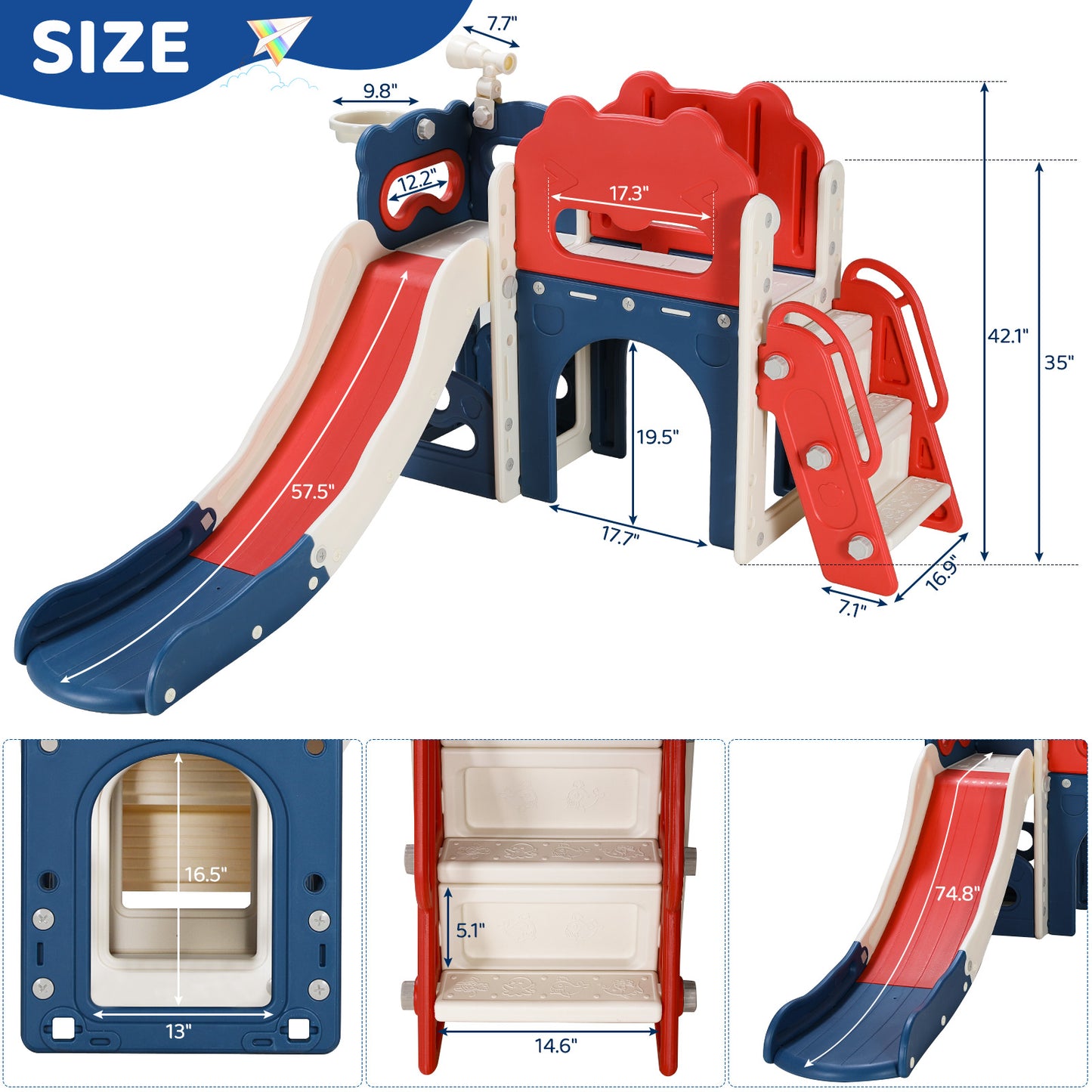 LAZY BUDDY Toddler Slide with Climber, 8-in-1 Kids Slide Playset, Indoor/Outdoor Baby Playground with Basketball Hoop, Telescope, Gift for Ages 1-3