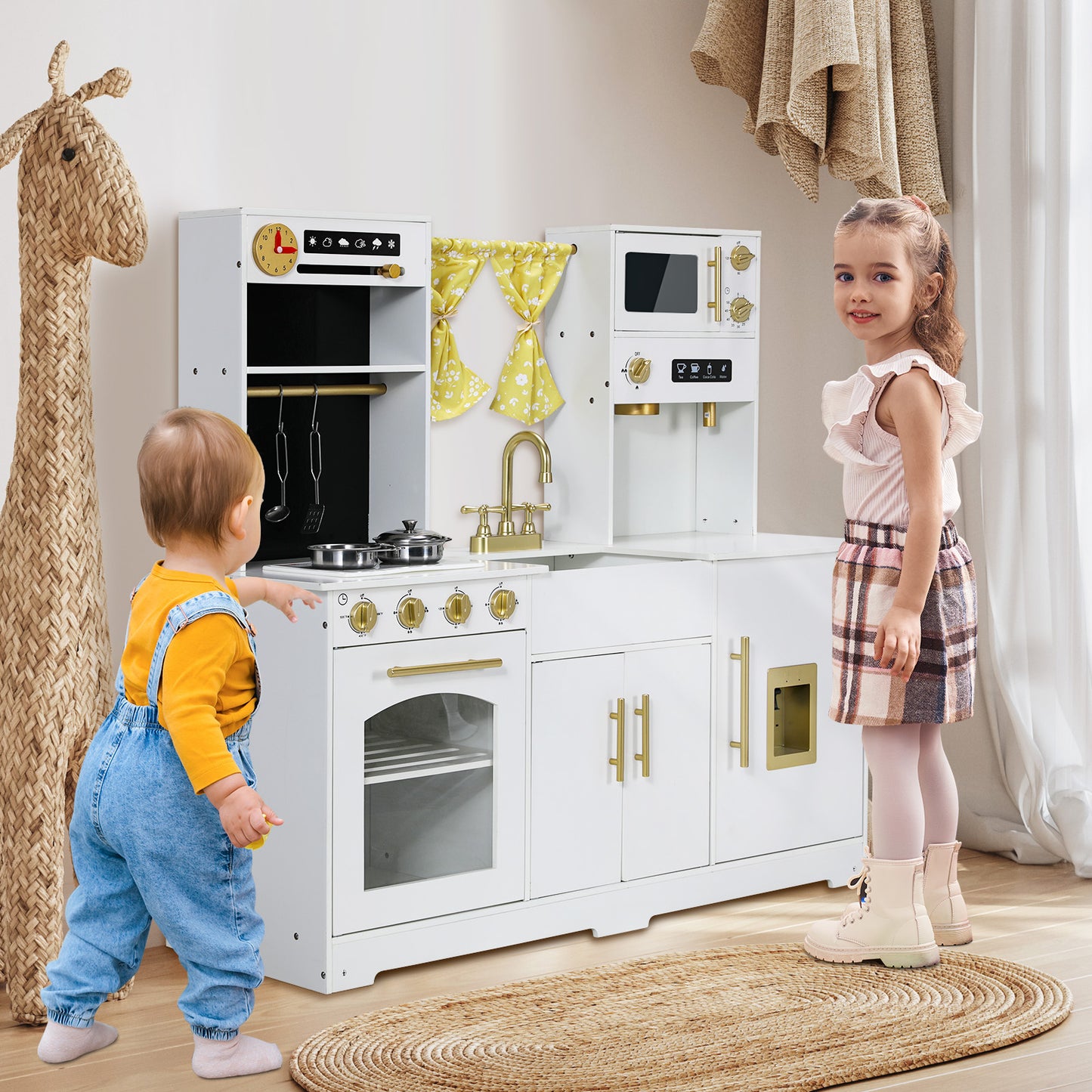 LAZY BUDDY Toddler Play Kitchen, Wooden Kids Kitchen Playset w/Stove, Sink, Microwave, Water Dispenser, Curtain, Gift for Ages 3+