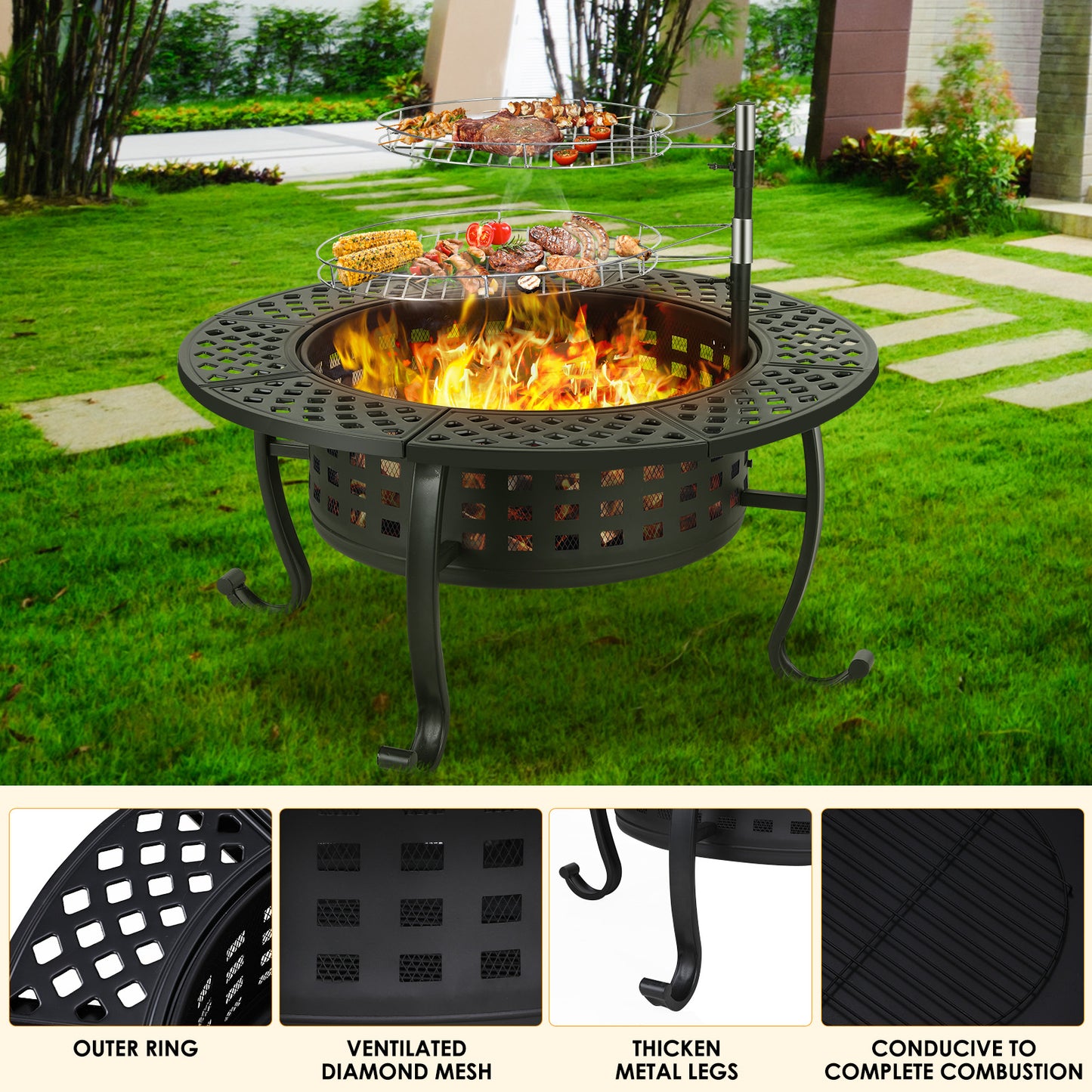 LAZY BUDDY Metal Fire Pits for Outdoor, 37'' Round Wood Burning Fire Pit Table with 2 Removable 360 Degree Swivel Cooking Grills, Lid and Fire Poker, for Outside Patio BBQ Firepit Bonfire Party