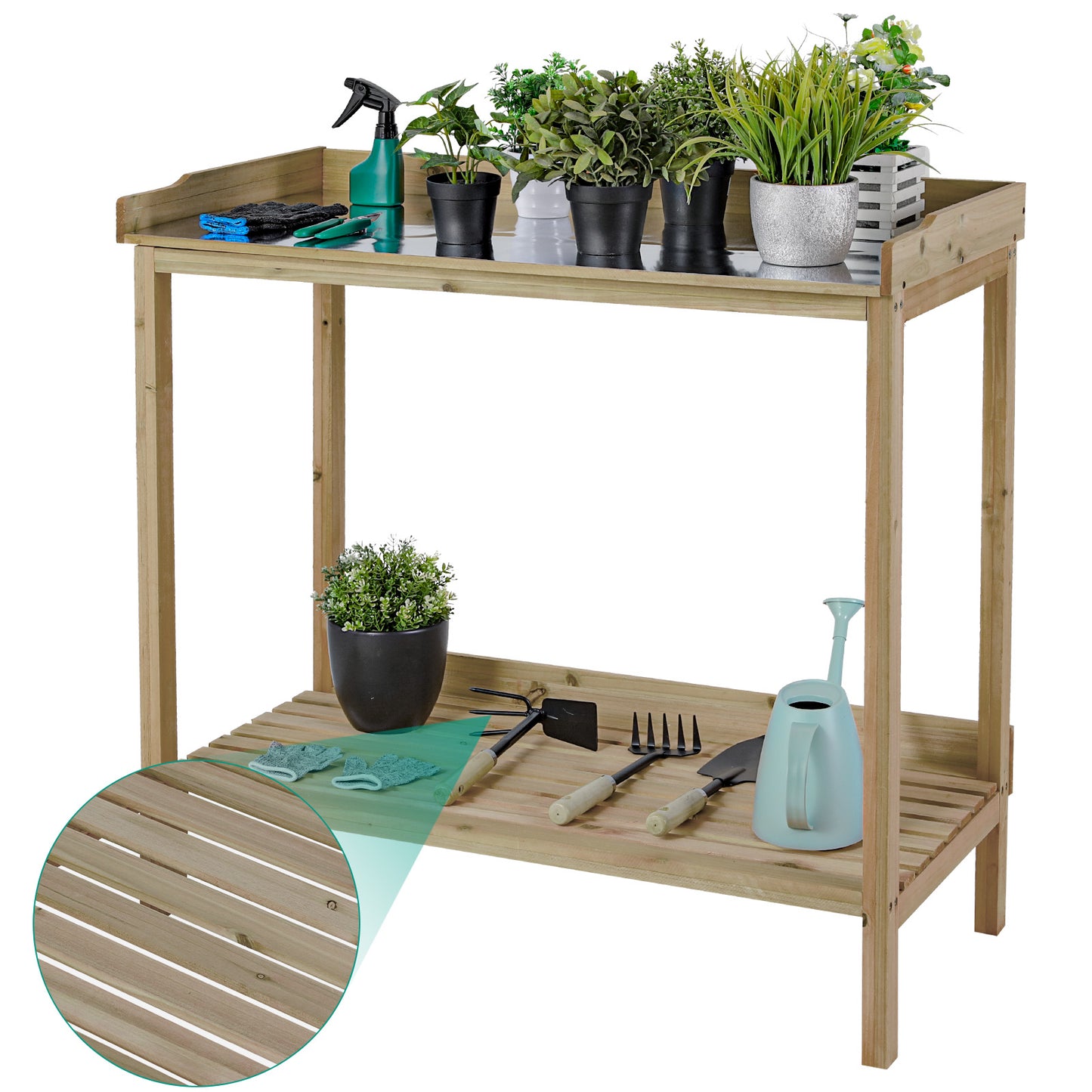 LAZY BUDDY Outdoor Garden Potting Bench, Wooden Workstation Table with Storage Shelf, Metal Tabletop