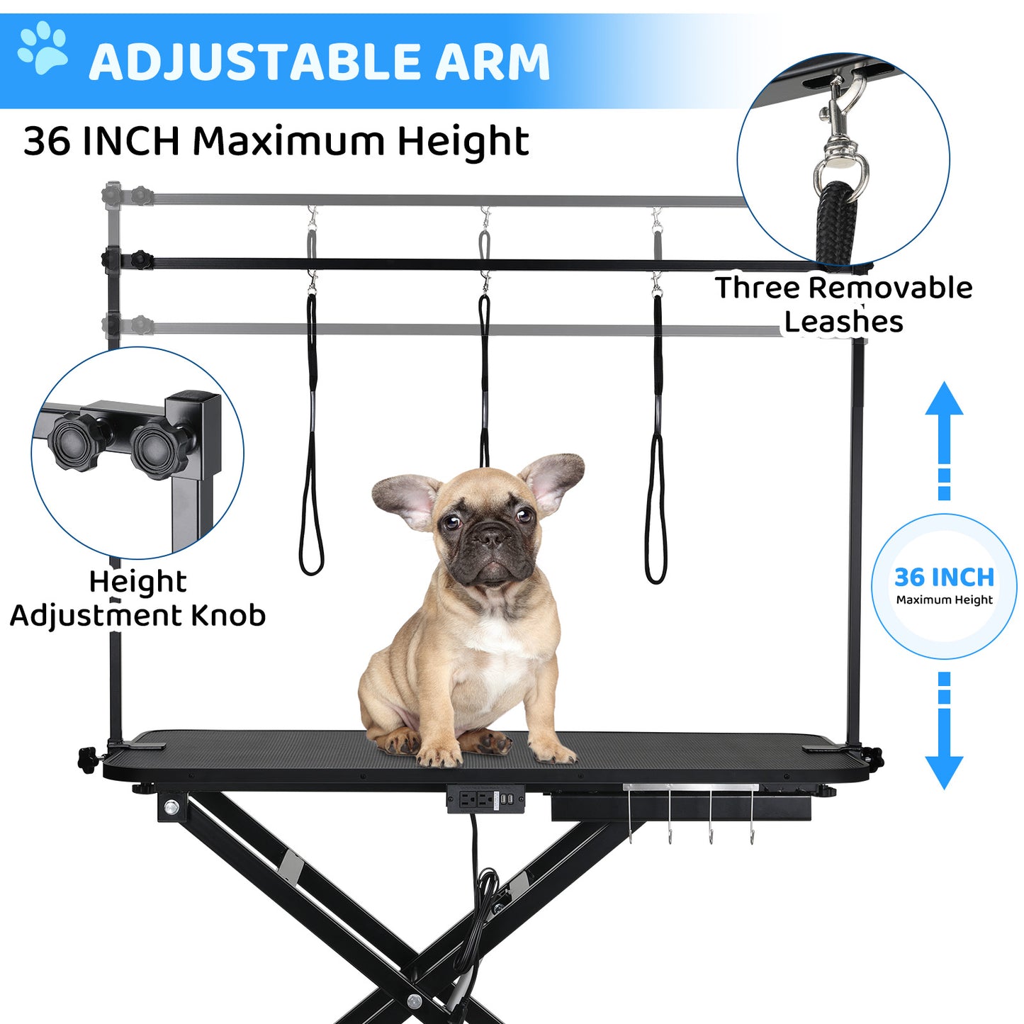 LAZY BUDDY 49.2” Electric Pet Grooming Table, Heavy Duty Dog Hydraulic Grooming Station with Arm, Nooses & Multi-hole Socket