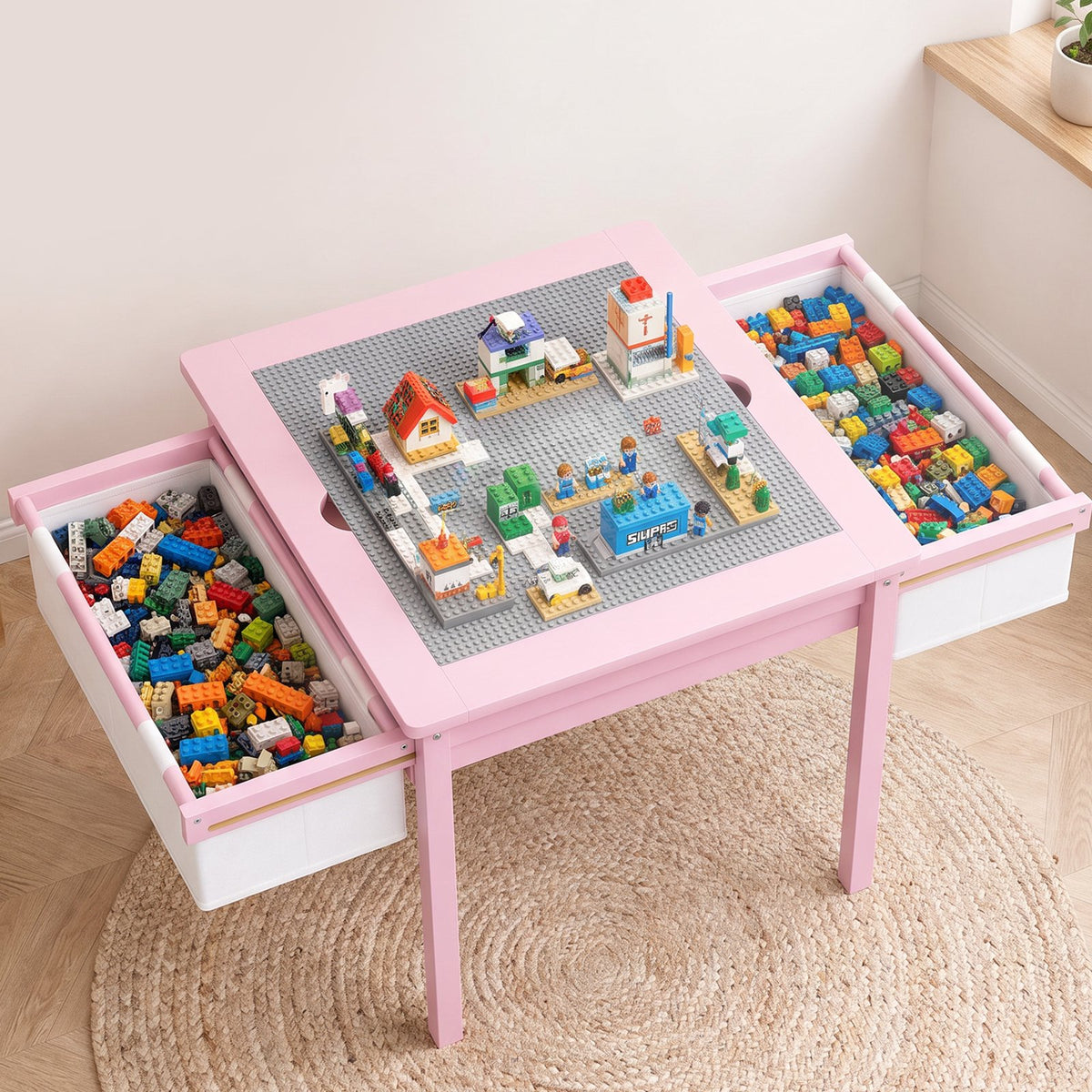 LAZY BUDDY Wooden Toddler Table and Chairs Set, Kids Play Activity Table Set with Reversible Tabletop & 2 Storage Drawers, for Drawing Reading Dining