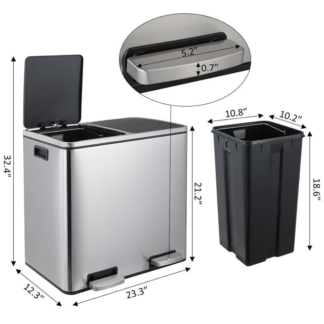 LAZY BUDDY 48L / 30L Dual Trash Can, 12.7 / 8 Gallon Stainless Steel Step Garbage Recycle Bin with Double Compartments