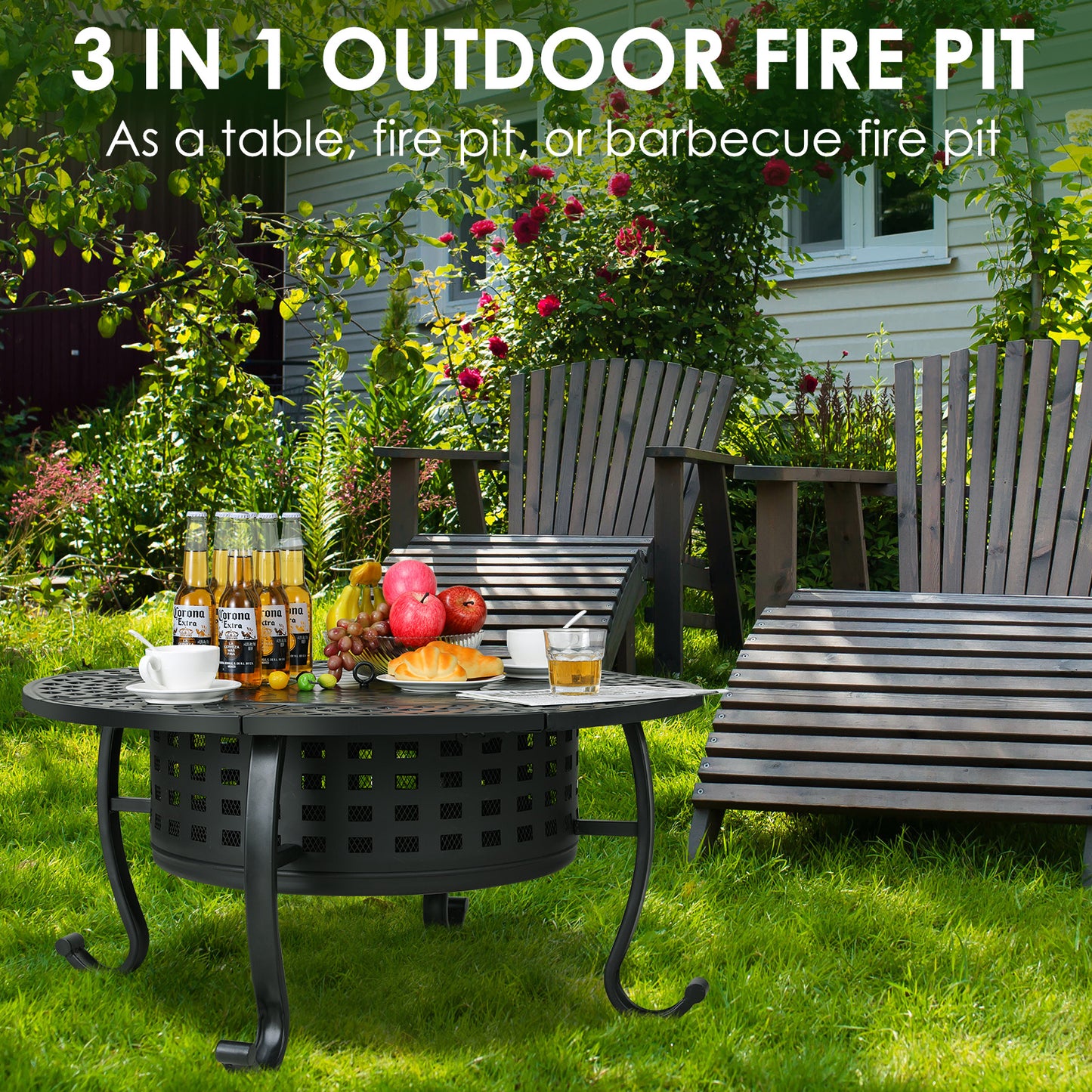 LAZY BUDDY Metal Fire Pits for Outdoor, 37'' Round Wood Burning Fire Pit Table with 2 Removable 360 Degree Swivel Cooking Grills, Lid and Fire Poker, for Outside Patio BBQ Firepit Bonfire Party