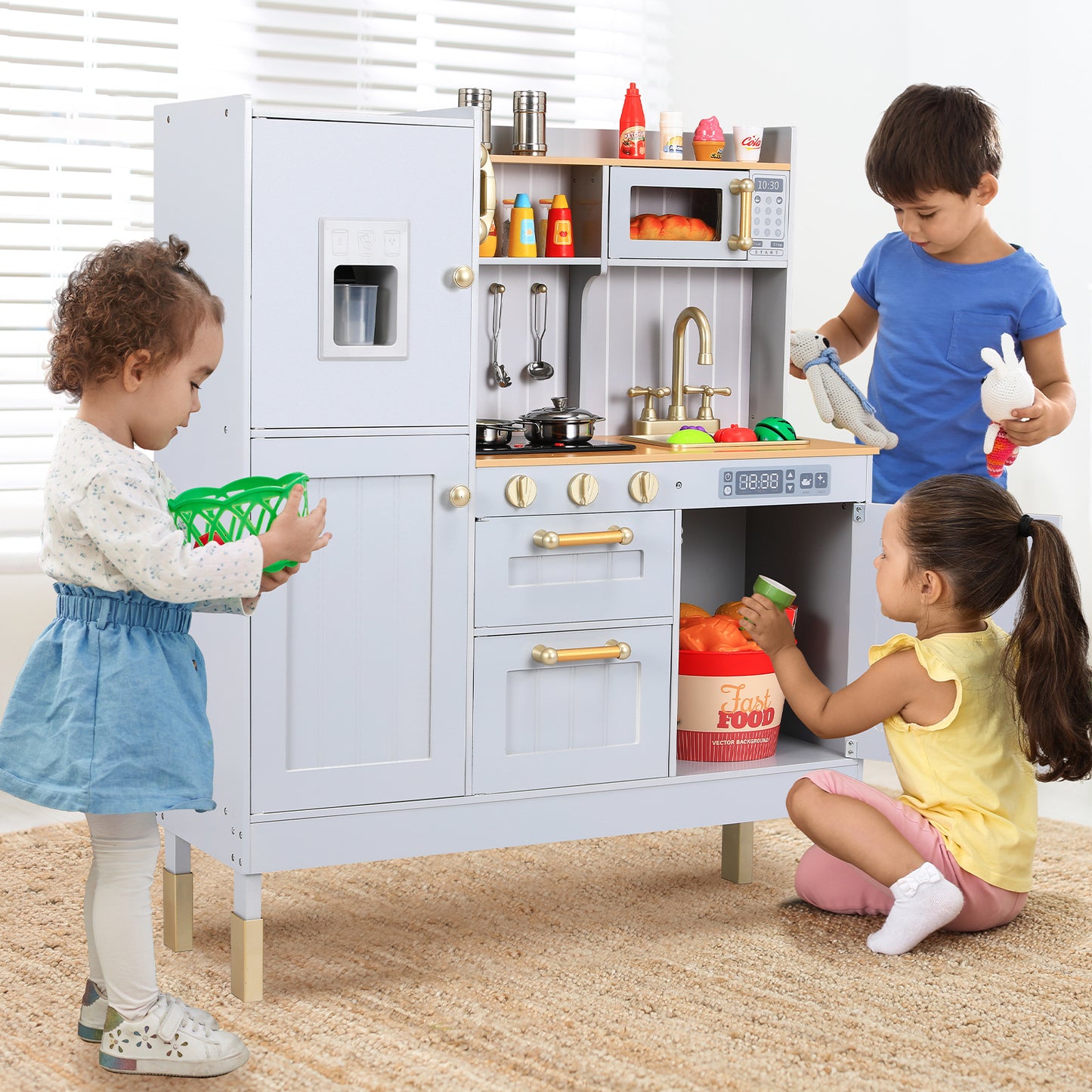 LAZY BUDDY Wooden Pretend Play Kitchen With Lights & Sounds, Telephone, Stove, Fridge, Microwave, Removable Sink, Ice Maker & Cookware Accessories