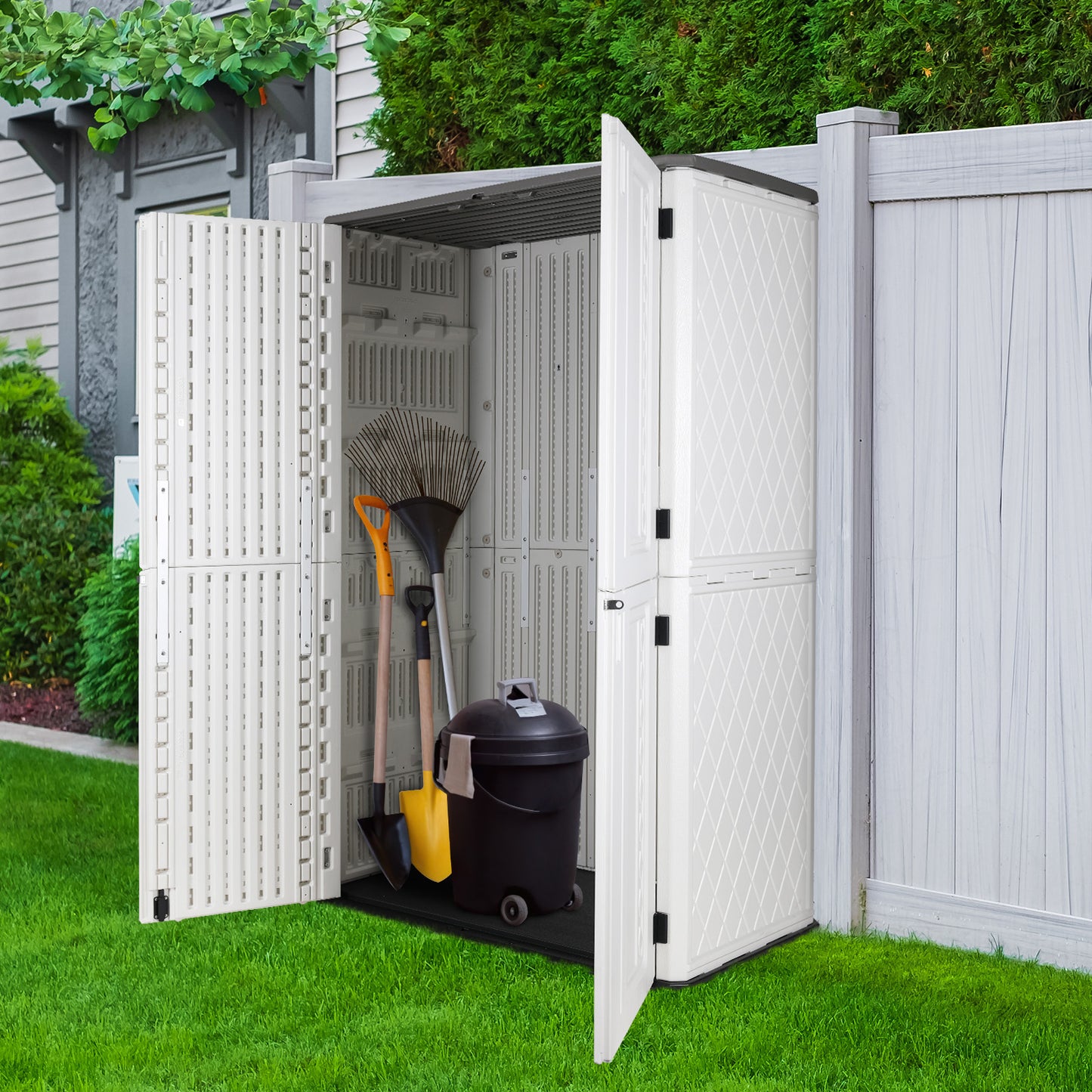 LAZY BUDDY Outdoor Storage Shed 65 Cu.ft , HDPE Resin Vertical Storage Cabinet 50.2" L x 29" W x 79.2" H, White