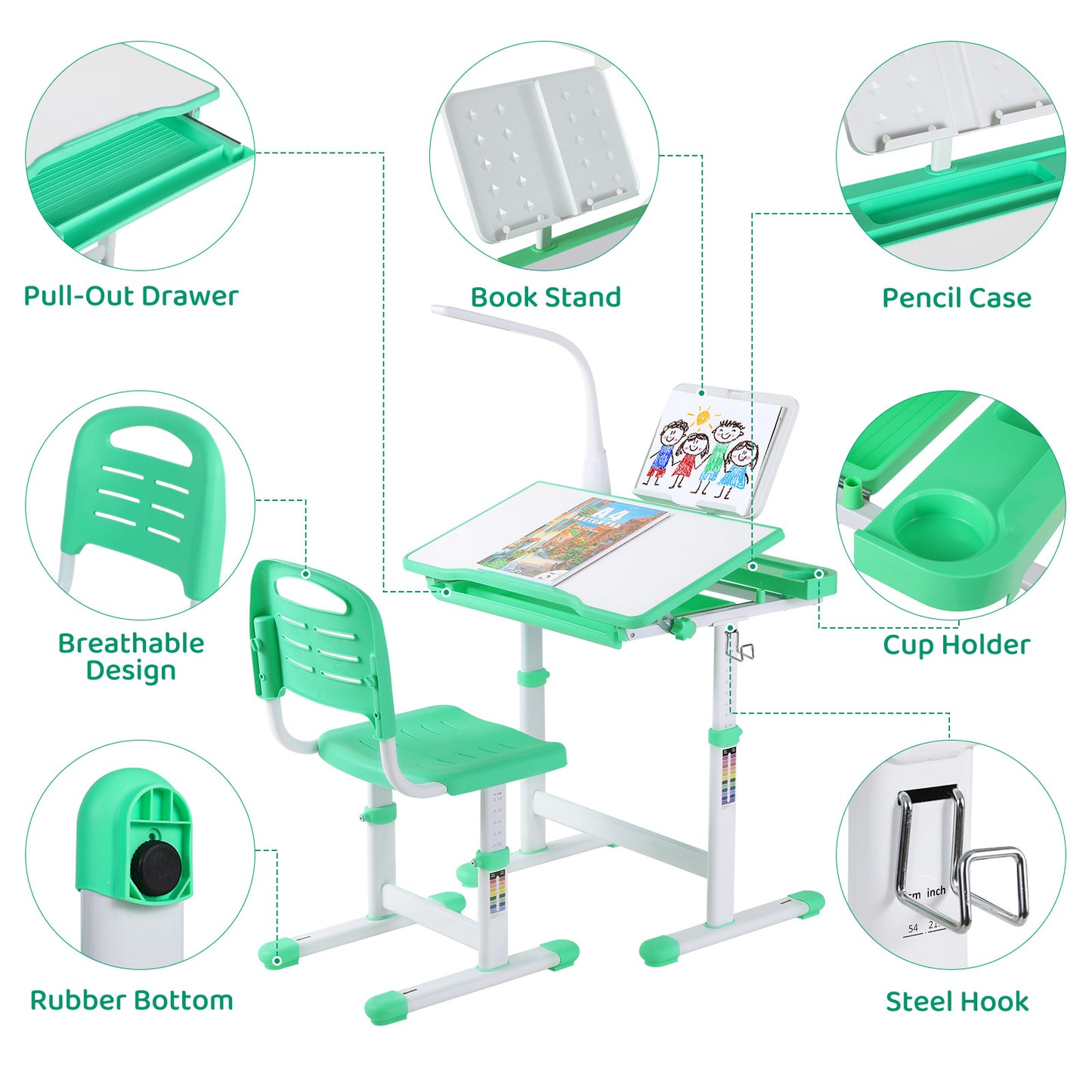 LAZY BUDDY Kids Multifunctional Desk and Chair Set, Height Adjustable Children School Study Desk with Tilt Desktop, LED Lamp and Hook