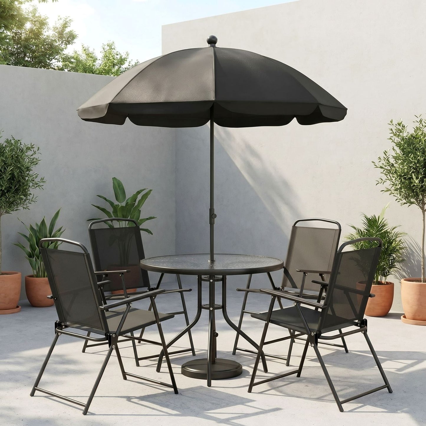 LAZY BUDDY 6-Piece Outdoor Patio Dining Set with Umbrella, All-Weather Round Glass Table with 4 Folding Chairs, Metal Frame, for Backyard Deck Garden