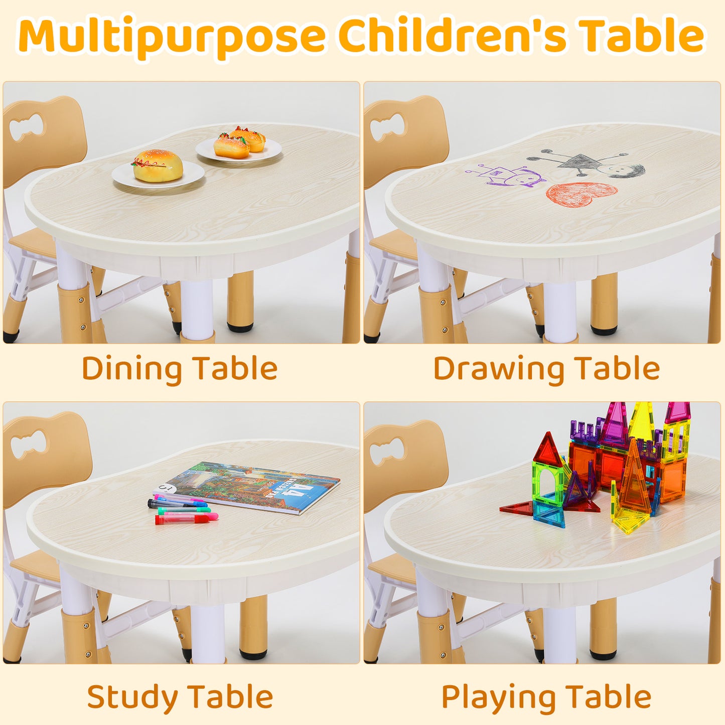 LAZY BUDDY Kids Table and 2 Chairs Set, Height Adjustable Plastic Children Arts & Crafts Desk for Ages 3-8, Cute Peanut Shape Graffiti Desktop