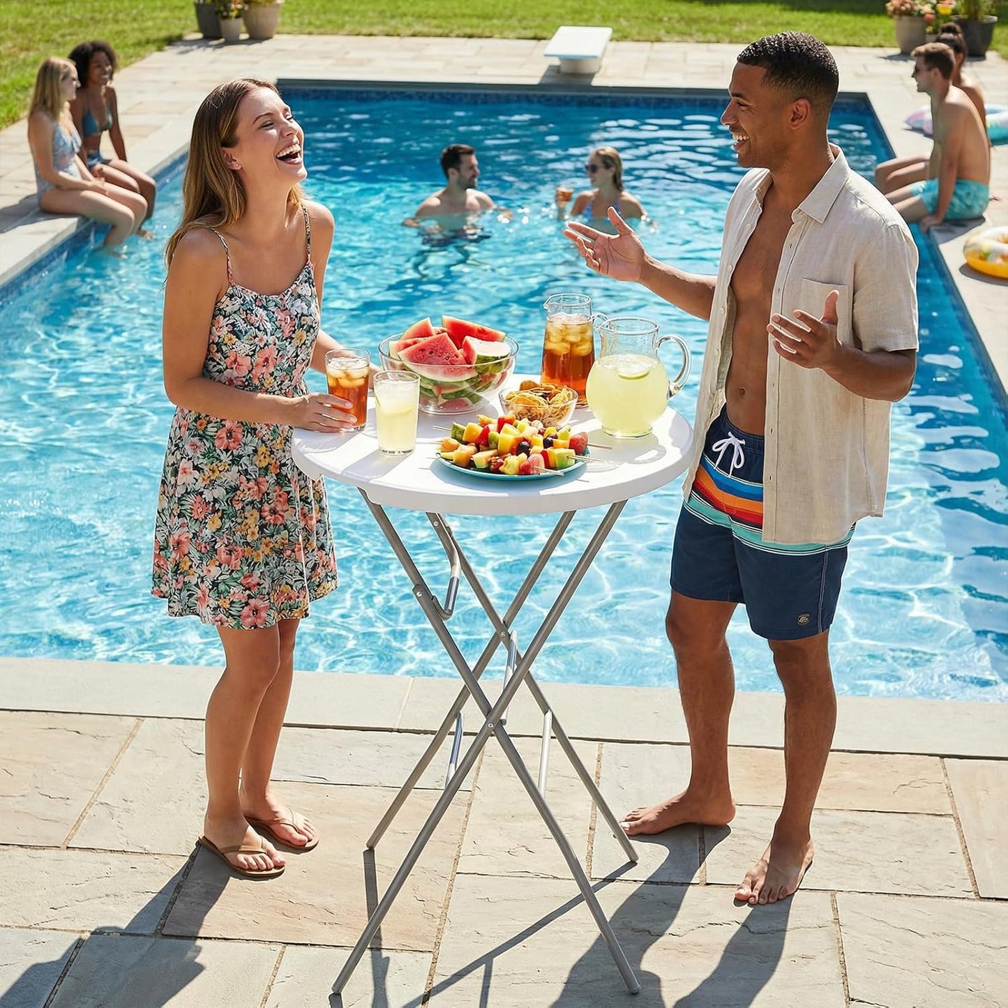 LAZY BUDDY 32'' Round Folding Table, Portable Bar Height Table with Detachable Legs, Cocktail Table with Plastic Top for Standing Parties, Event, Indoor Outdoor Use