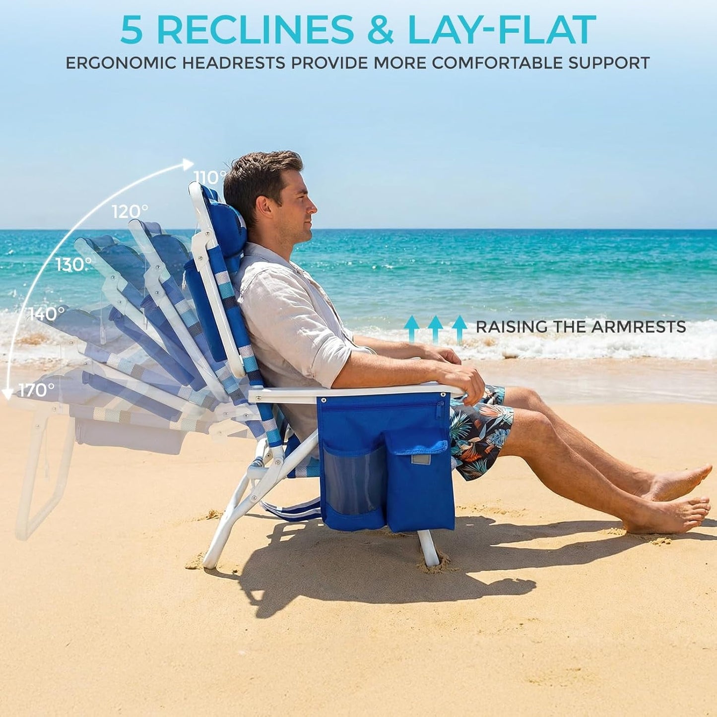 LAZY BUDDY  Low Beach Chair, Backpack Beach Chair for Adults with 5-Position, Lightweight Folding Beach Camping Chairs with Cup Holder, Storage Bag