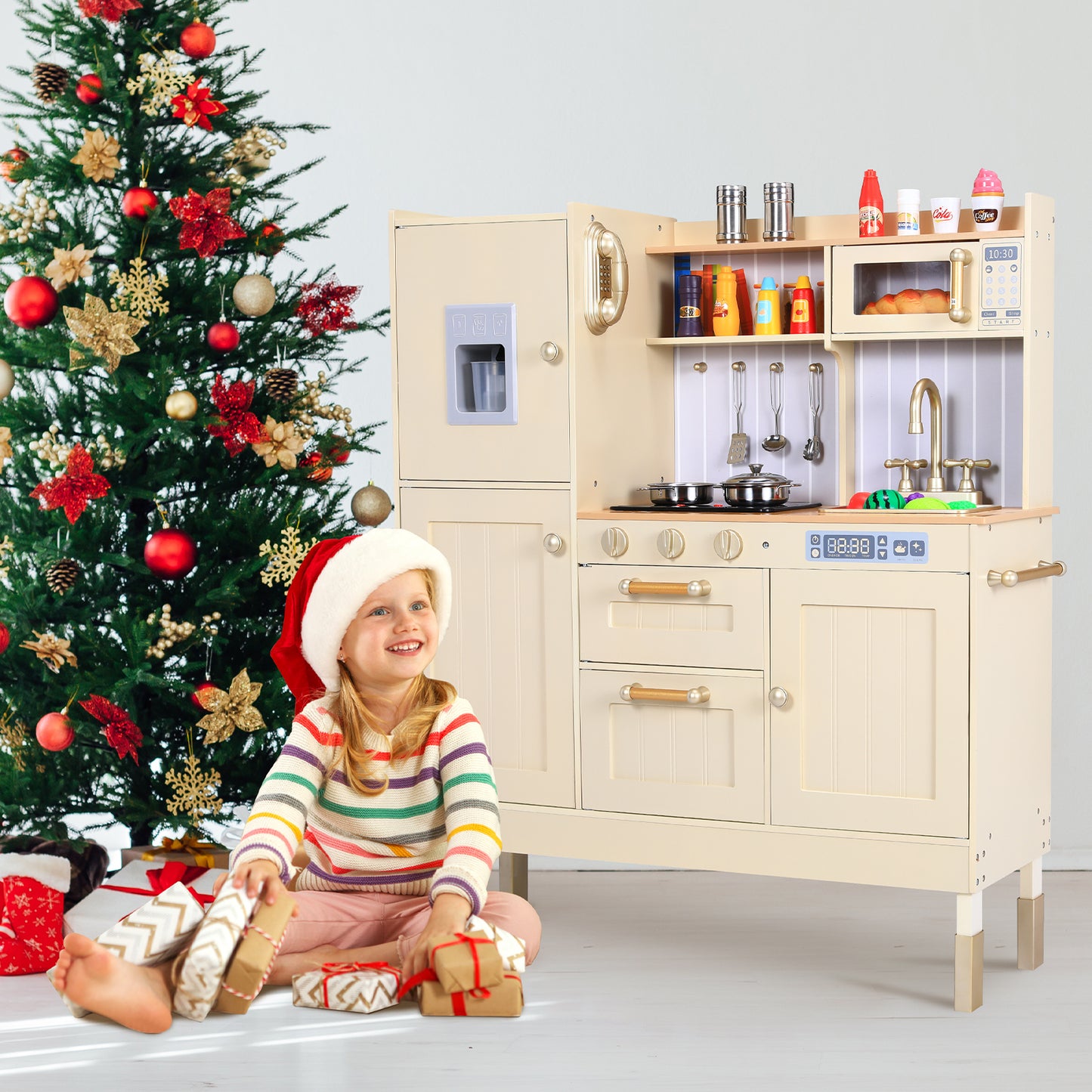 LAZY BUDDY Wooden Pretend Play Kitchen With Lights & Sounds, Telephone, Stove, Fridge, Microwave, Removable Sink, Ice Maker & Cookware Accessories