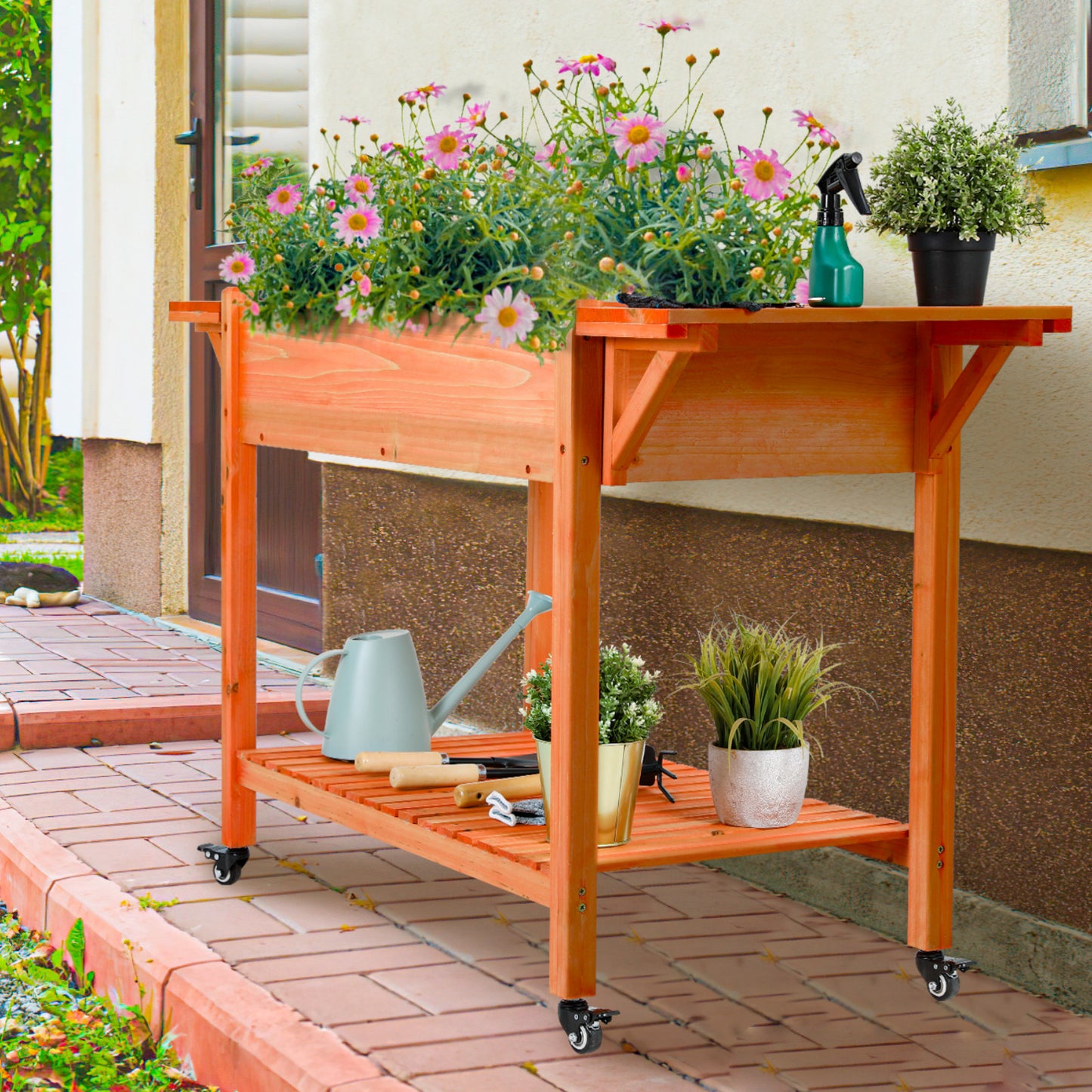 LAZY BUDDY 57"x20"x33" Mobile Raised Garden Bed Outdoor Elevated Planter Box W/Legs, Side Tables, Lockable Wheels