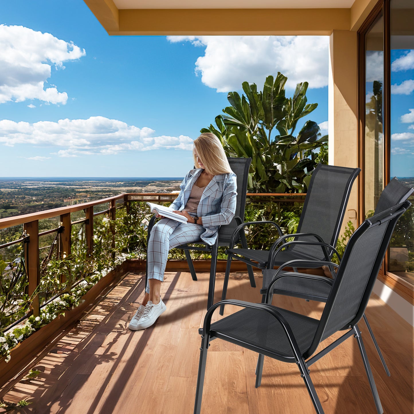 LAZY BUDDY 4 Pcs Patio Dining Chairs, Outdoor Stackable Armchair, Heavy Duty Breathable Lawn Chairs Set for Backyard, Garden, Deck, Front Porch, 330 LBS