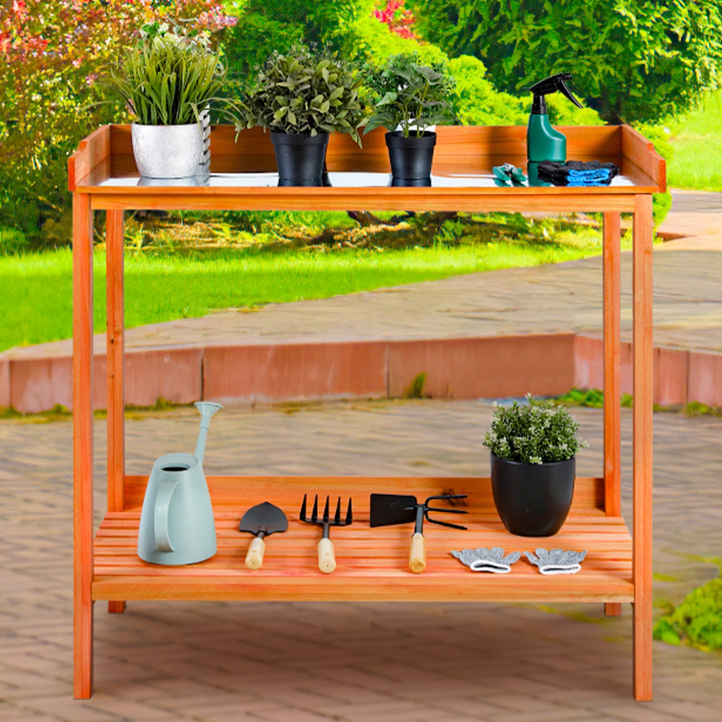 LAZY BUDDY Outdoor Garden Potting Bench, Wooden Workstation Table with Storage Shelf, Metal Tabletop