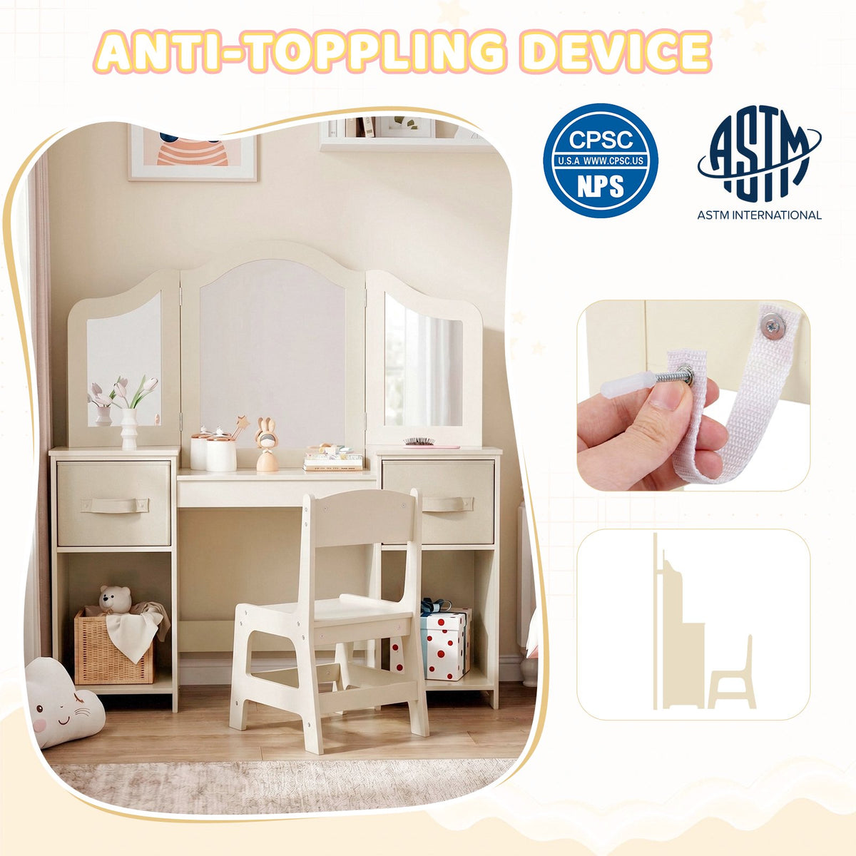 LAZY BUDDY Kids Vanity Set, 2 in 1 Princess Makeup Desk and Chair Set with Canvas Drawers Tri-Folding Detachable Mirror Large Storage Shelves, Wooden Dressing Table, Pretend Play Vanity Set