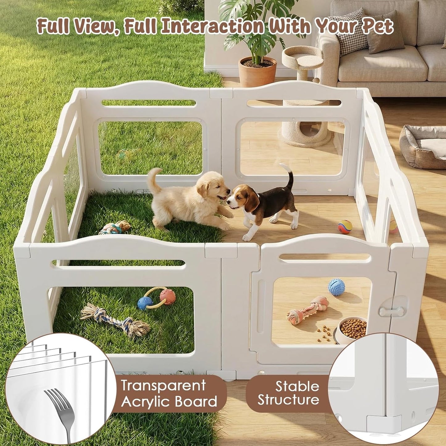 LAZY BUDDY Clear Acrylic Dog Playpen 49.6''x49.6''x23.6'', Indoor Pet Kennel with Locking Door, Plastic Safety Fence Pet Play Pen Whelping for Puppy, Kitten, Small Dogs