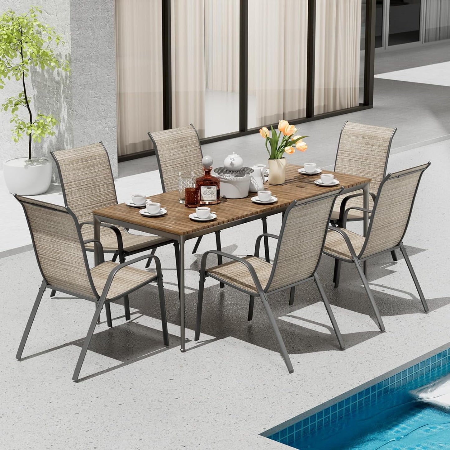LAZY BUDDY Patio Chairs Set of 6, Stackable Outdoor Dining Chairs for All Weather Textilene Fabric & Metal Frame, Outdoor Chairs Set for Backyard Deck Garden
