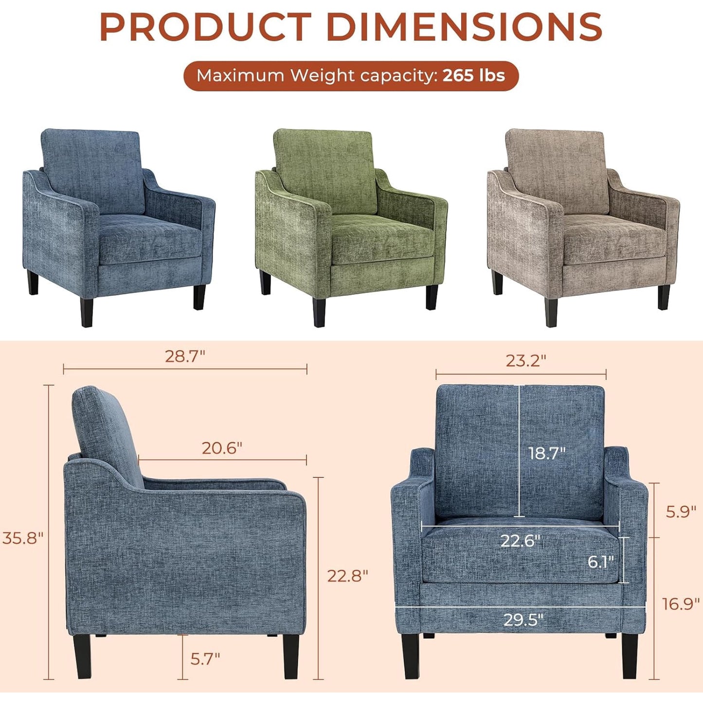 LAZY BUDDY Comfy Accent Chair for Living Room Bedroom and Waiting Room, Upholstered Mid-Century Reading Chair with Removable Cover & Wood Legs, Wide Singe Modern Lounge Sofa