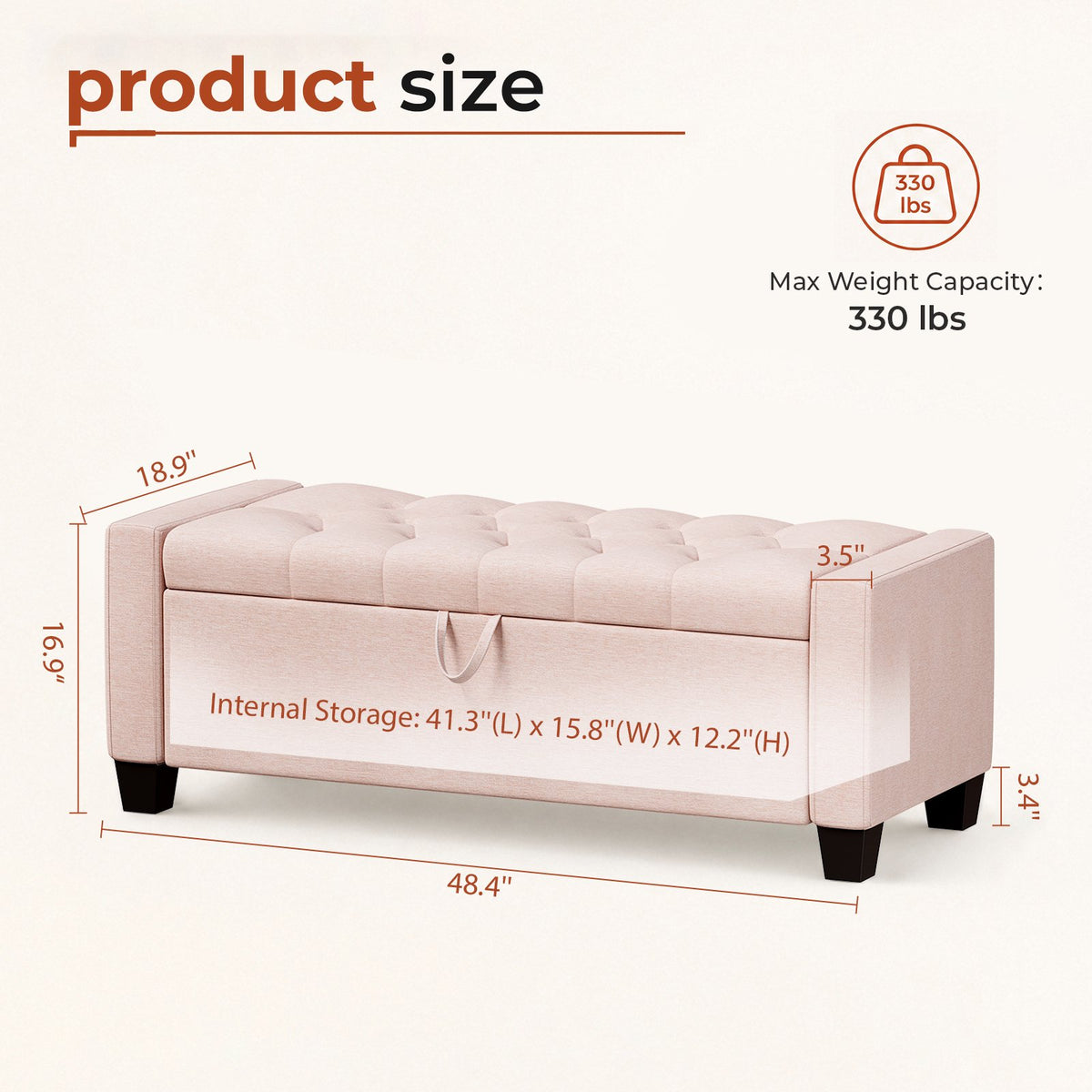 LAZY BUDDY 48'' Ottoman with Storage, Upholstered Storage Ottoman Bench with Safety Hinge, for Bedroom, Living Room, Entryway