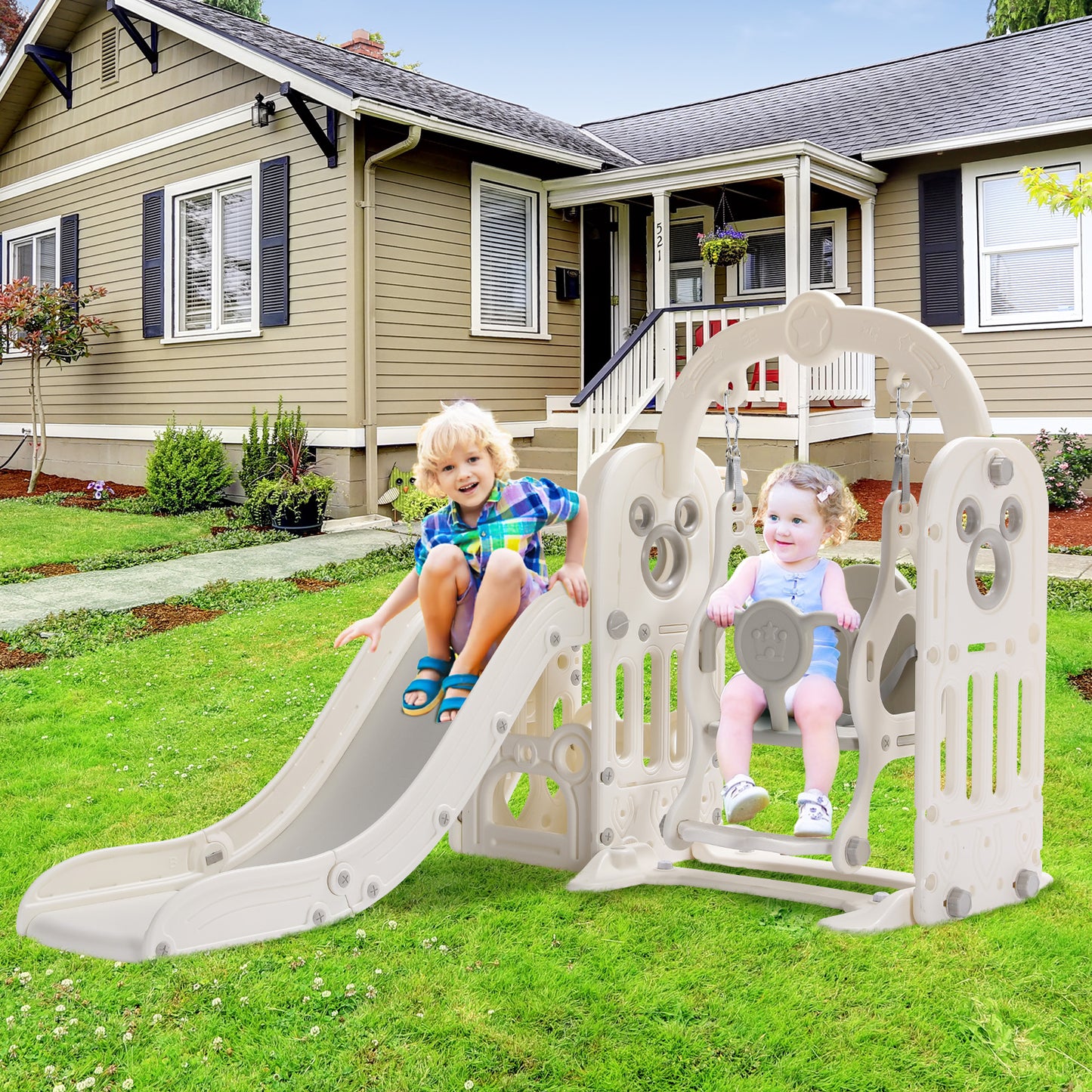 LAZY BUDDY Kids Slide, 5-in-1 Sturdy Toddler Climber Slide with Swing Set Freestanding Plastic Slide Playset with Basketball Hoop, Indoor Outdoor Toy with Storage Space