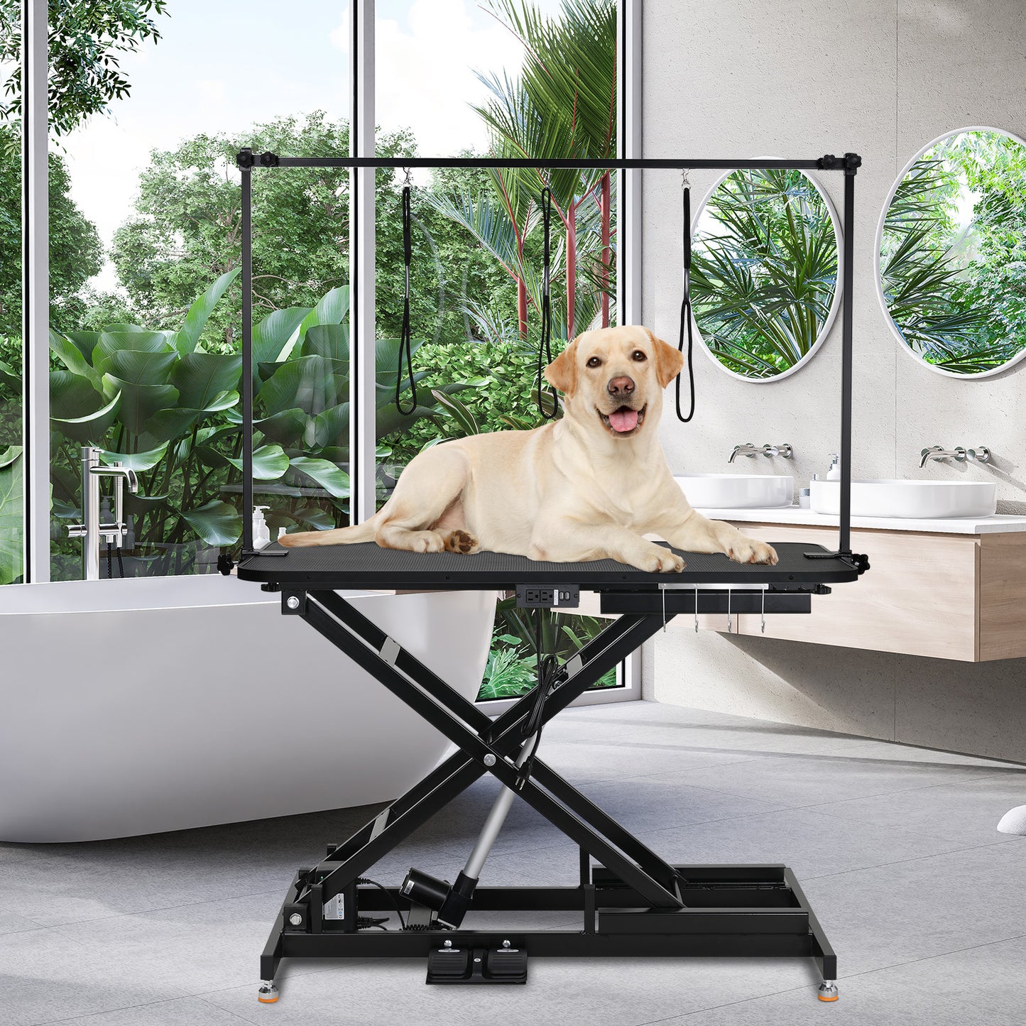 LAZY BUDDY 49.2” Electric Pet Grooming Table, Heavy Duty Dog Hydraulic Grooming Station with Arm, Nooses & Multi-hole Socket