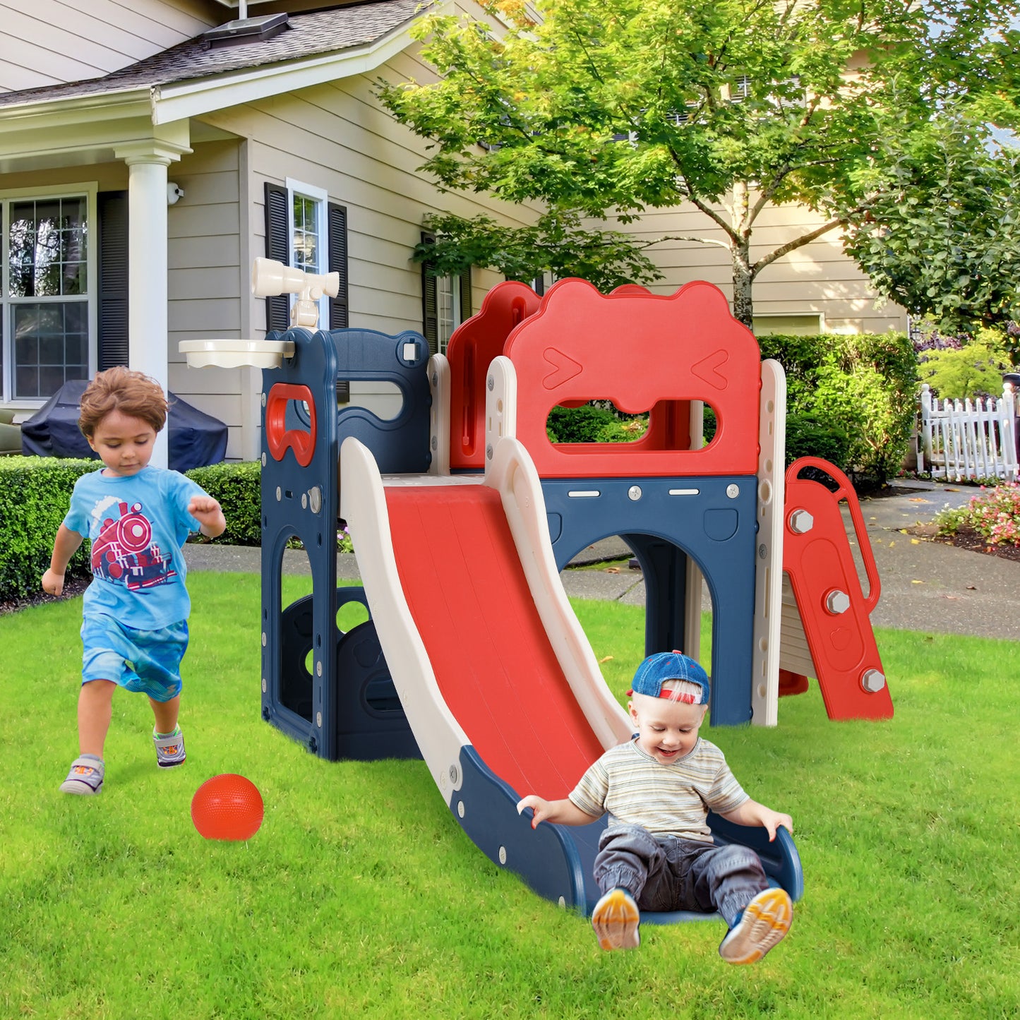 LAZY BUDDY Toddler Slide with Climber, 8-in-1 Kids Slide Playset, Indoor/Outdoor Baby Playground with Basketball Hoop, Telescope, Gift for Ages 1-3