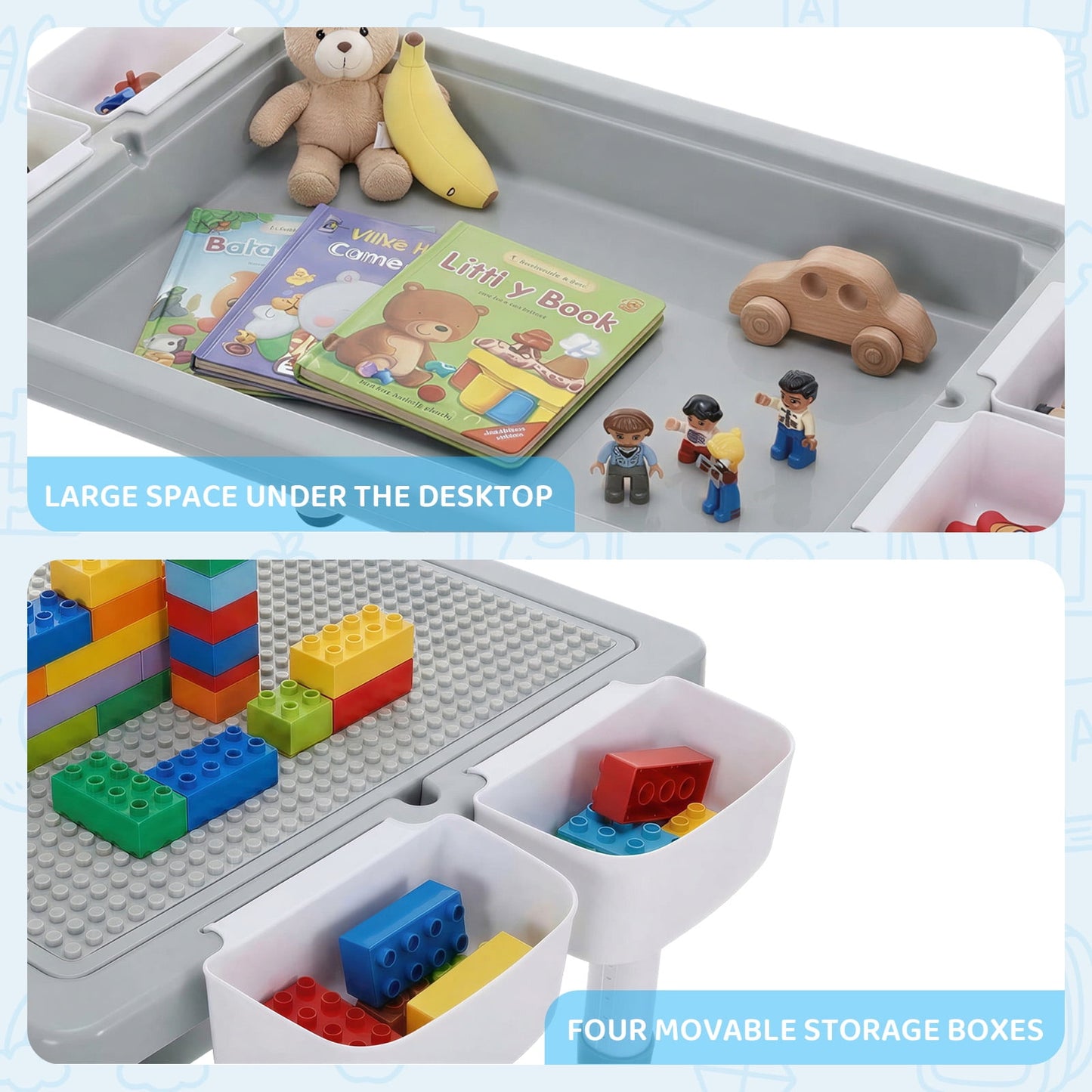 LAZY BUDDY Kids Table and Chairs Set with Storage Boxes, Height Adjustable Toddler Activity Table and 2 Chairs Set with Graffiti & Building Blocks Double-Sided Tabletop