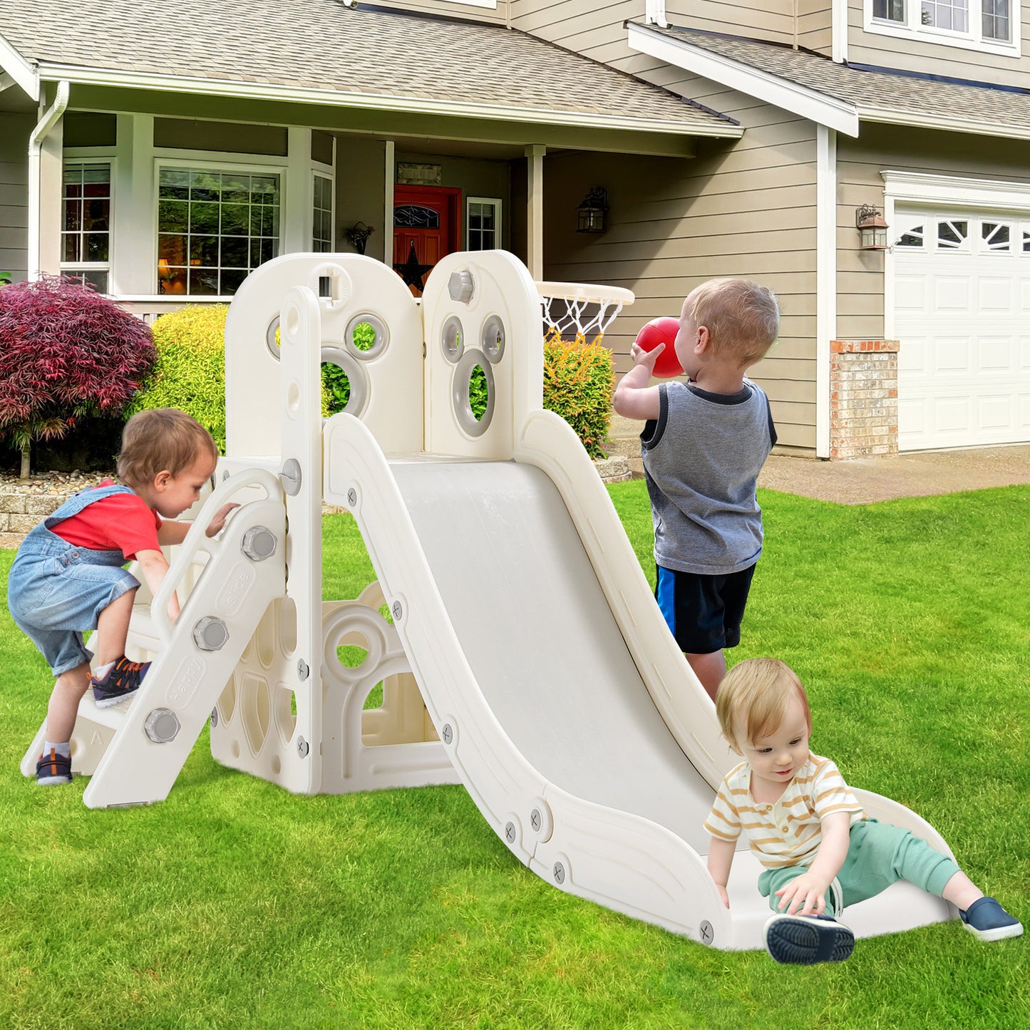 LAZY BUDDY Toddler Slide, 4-in-1 Kids Slide Play Climber, Freestanding Slide with Basketball Hoop, Baby Playset Indoor Outdoor Children Toys for Boys Girls White