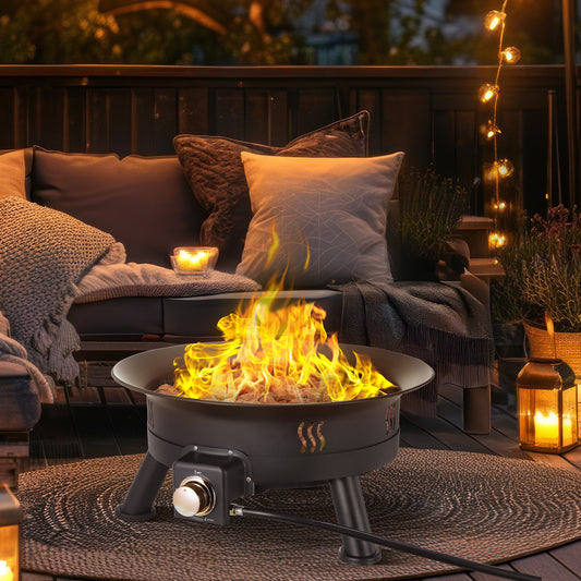 LAZY BUDDY Large Portable Propane Outdoor Gas Fire Pit 24 Inch W/ Cover & Lava Rocks 58,000 BTU