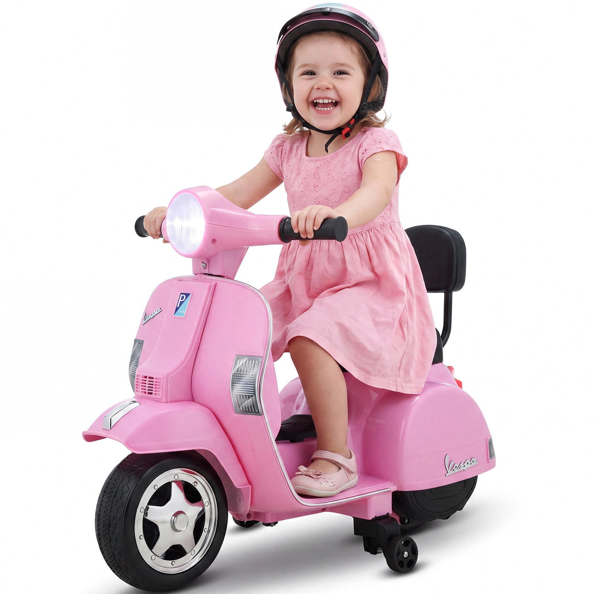 LAZY BUDDY Licensed Vespa Ride on Scooter, 6V Electric Motorcycle for Kids with Training Wheels, LED Headlight, Ride on Toy Gift for 3+