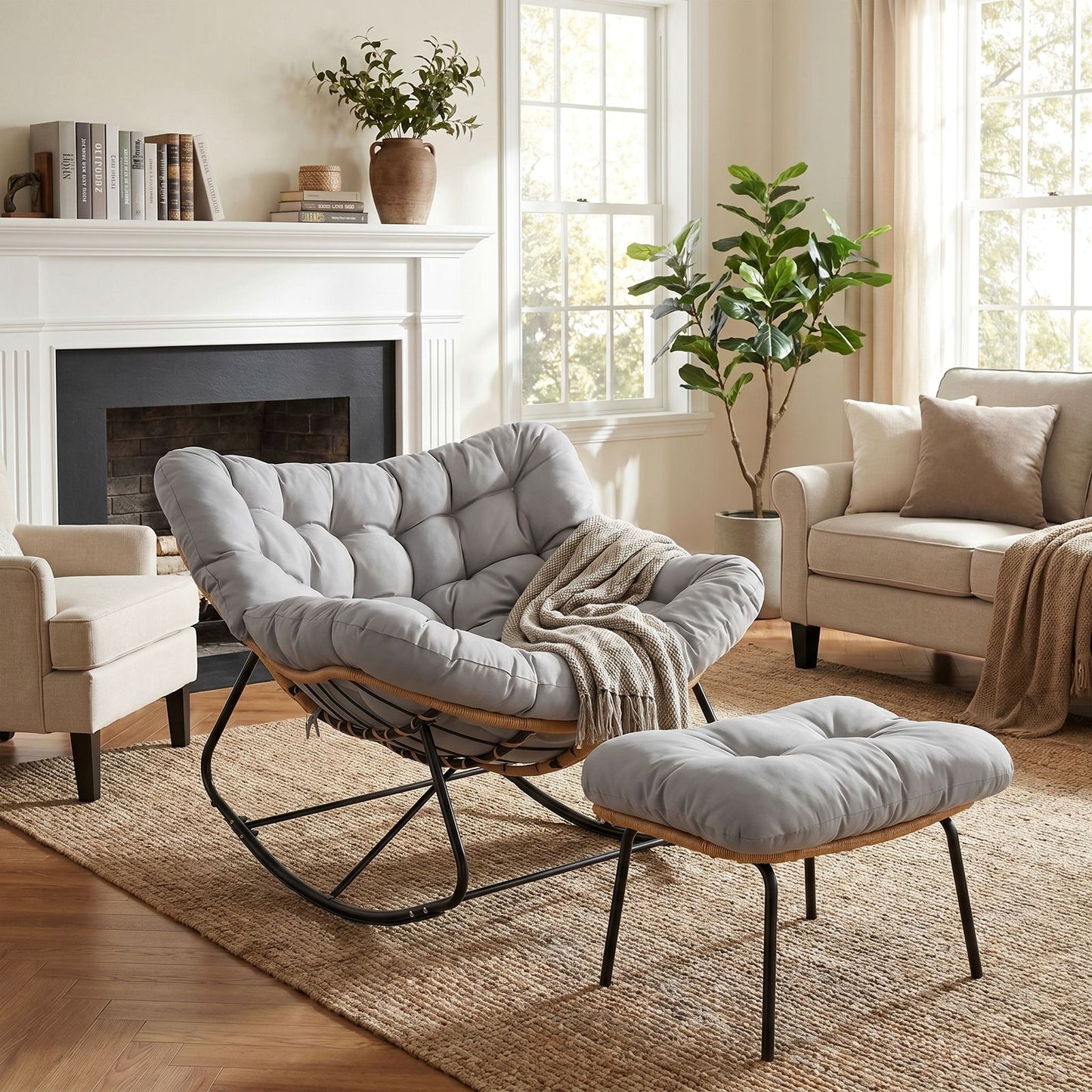 LAZY BUDDY Outdoor Rocking Chair with Ottoman, Oversized Papasan Rocking Chair with Thick Cushion, Indoor Outdoor Cozy Rocker for Balcony, Living Room, Patio