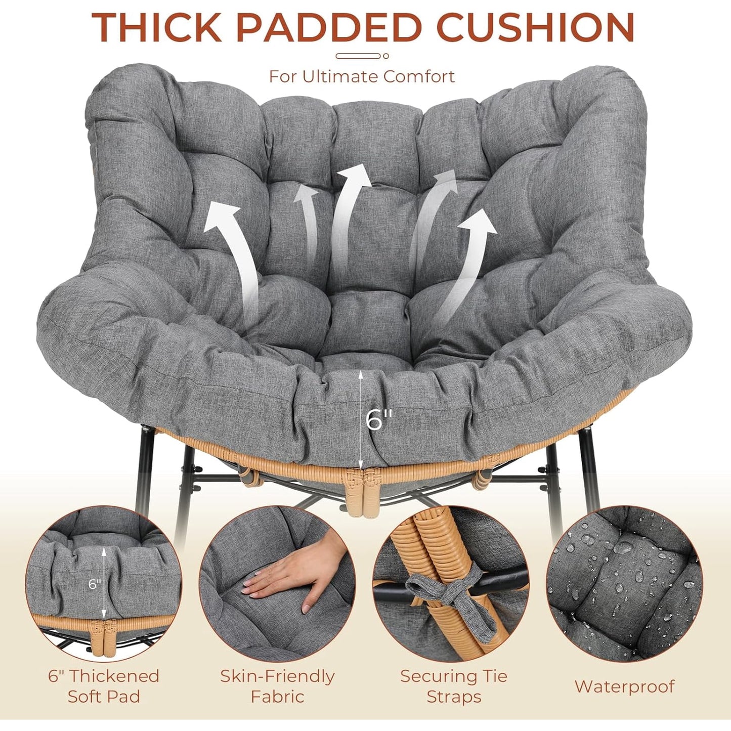 LAZY BUDDY Outdoor Papasan Rocking Chair, Oversized Lounge Chair Rocker with Thick Cushion, for Patio, Balcony, Porch and Indoor