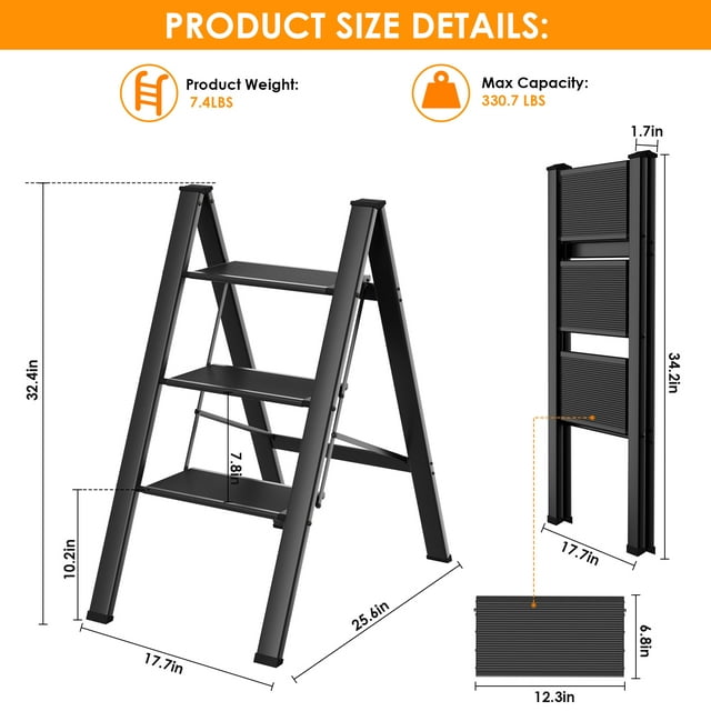 LAZY BUDDY Step Ladder Folding, Sturdy 330 Lbs Small Step Stool for Adults, Multi-use Kitchen Ladder for Home, Closet Step Stool Ladder with Anti-Slip Wide Pedals