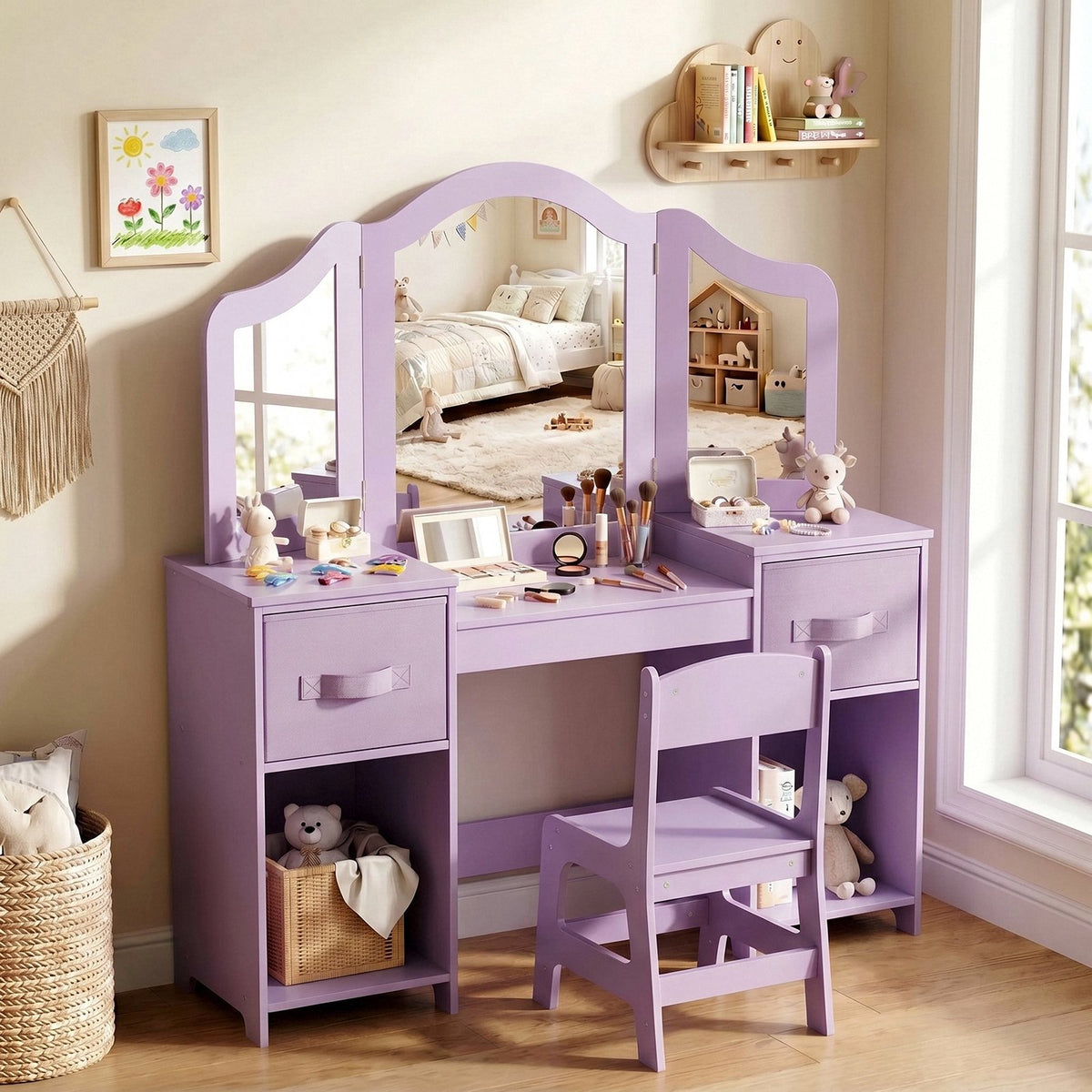 LAZY BUDDY Kids Vanity Set, 2 in 1 Princess Makeup Desk and Chair Set with Canvas Drawers Tri-Folding Detachable Mirror Large Storage Shelves, Wooden Dressing Table, Pretend Play Vanity Set