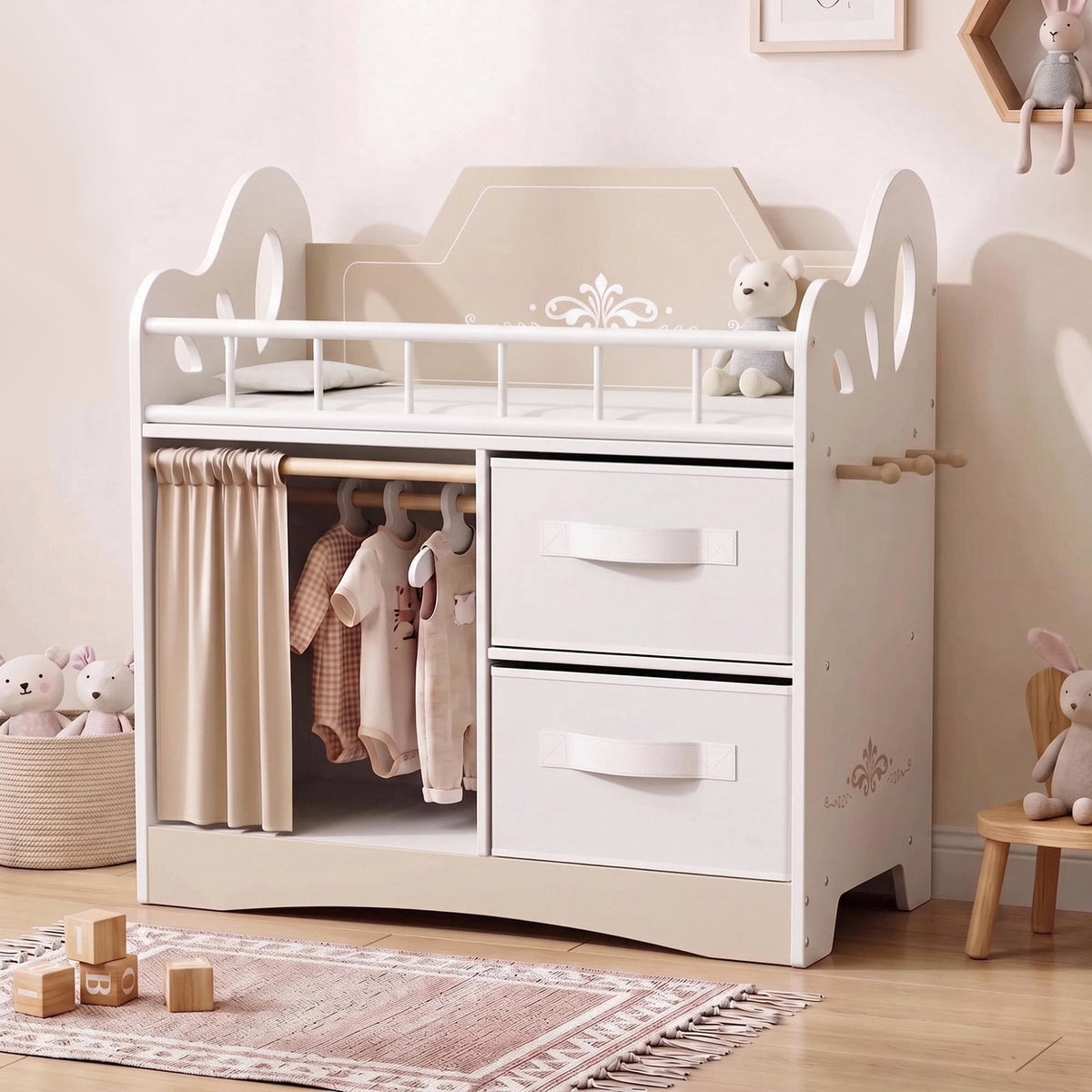 LAZY BUDDY Baby Doll Cirb, Wooden Doll Bed with 2 Storage Drawers, 2 Hangers, Pillow & Sheet