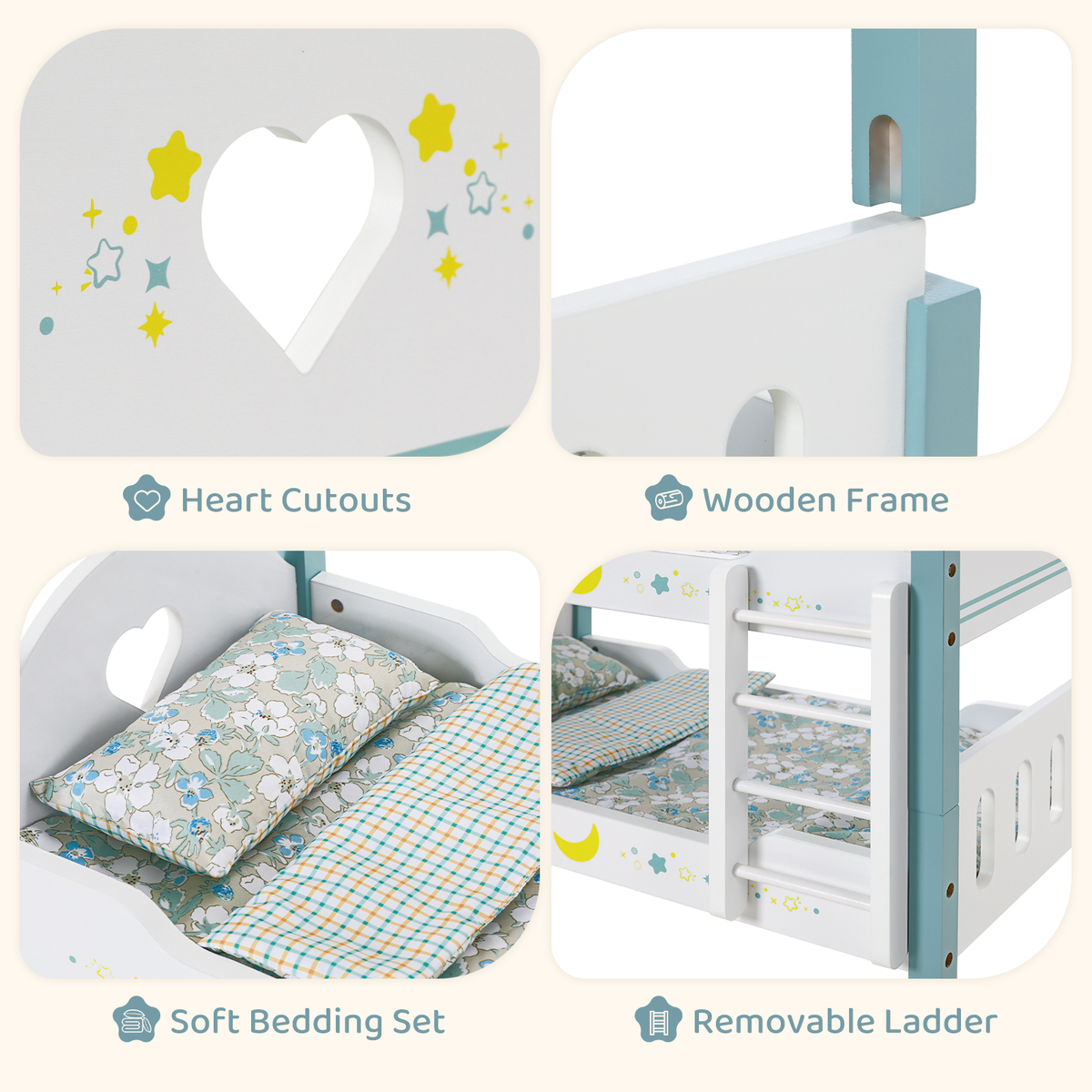 LAZY BUDDY Wooden Bunk Bed for Dolls up to 19in, Baby Dolls Crib with Bedding, Pretend Play Toy for Kids 3+