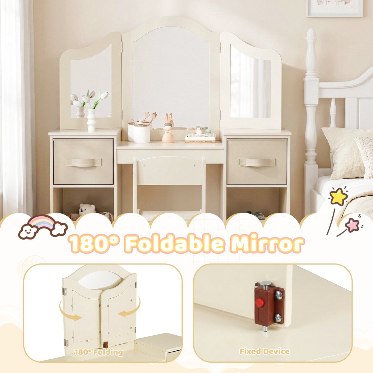 LAZY BUDDY Kids Vanity Set, 2 in 1 Princess Makeup Desk and Chair Set with Canvas Drawers Tri-Folding Detachable Mirror Large Storage Shelves, Wooden Dressing Table, Pretend Play Vanity Set