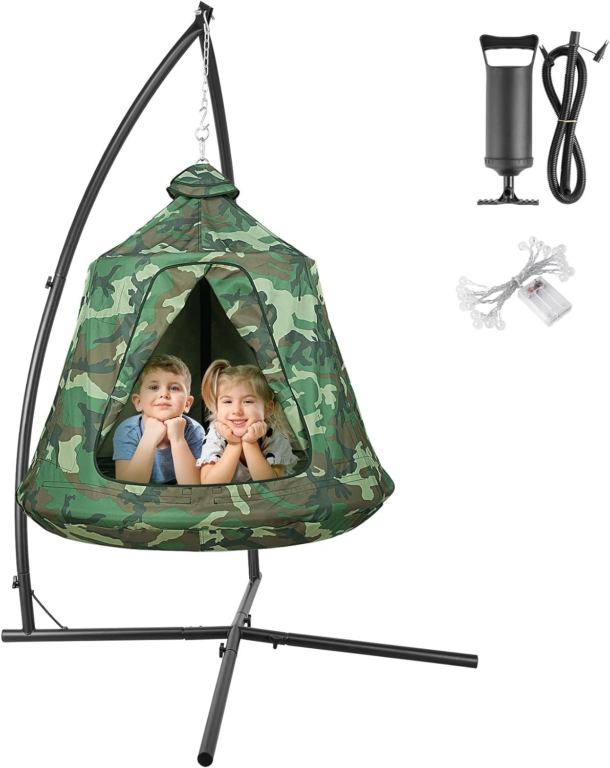 LAZY BUDDY X-Shaped Hammock Chair Stand with Swing Chair, Hanging Tree Tent Canopy w/ Steel Frame, In/Outdoor Egg Basket Patio Seat (Camouflage)