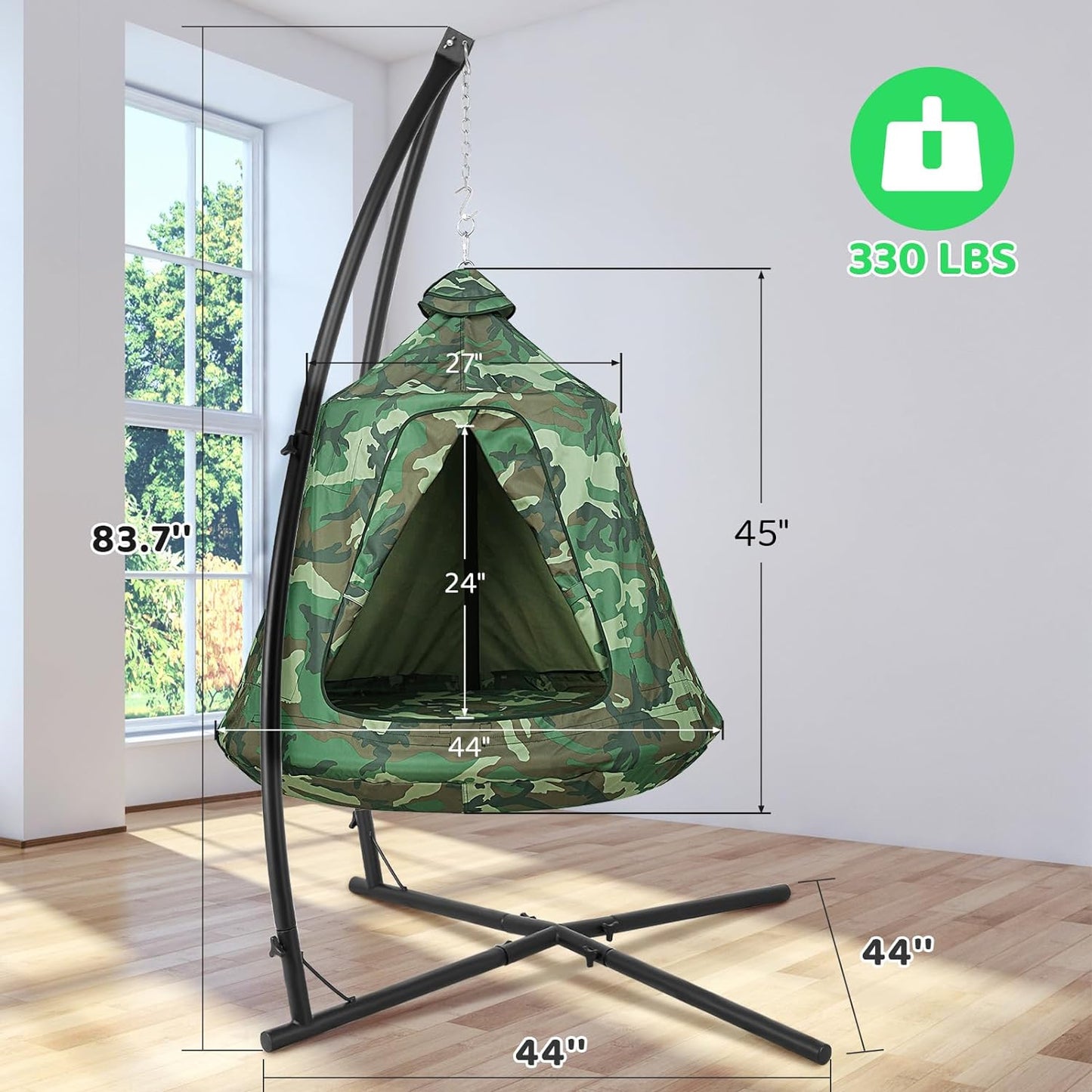 LAZY BUDDY X-Shaped Hammock Chair Stand with Swing Chair, Hanging Tree Tent Canopy w/ Steel Frame, In/Outdoor Egg Basket Patio Seat (Camouflage)