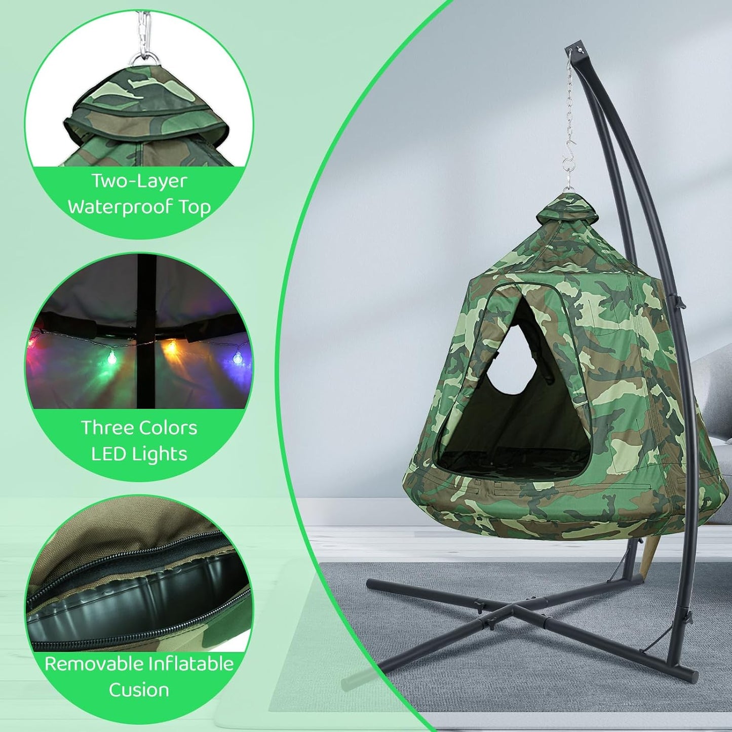 LAZY BUDDY X-Shaped Hammock Chair Stand with Swing Chair, Hanging Tree Tent Canopy w/ Steel Frame, In/Outdoor Egg Basket Patio Seat (Camouflage)