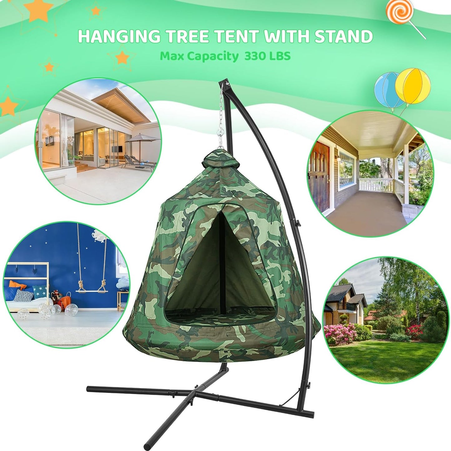 LAZY BUDDY X-Shaped Hammock Chair Stand with Swing Chair, Hanging Tree Tent Canopy w/ Steel Frame, In/Outdoor Egg Basket Patio Seat (Camouflage)