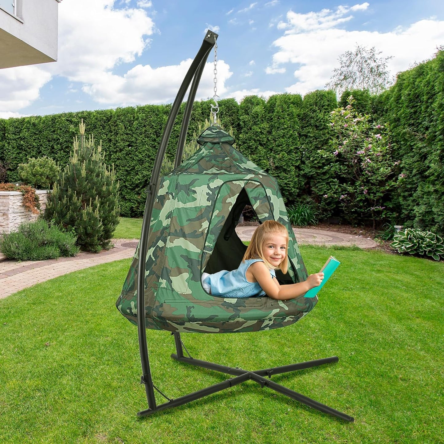 LAZY BUDDY X-Shaped Hammock Chair Stand with Swing Chair, Hanging Tree Tent Canopy w/ Steel Frame, In/Outdoor Egg Basket Patio Seat (Camouflage)