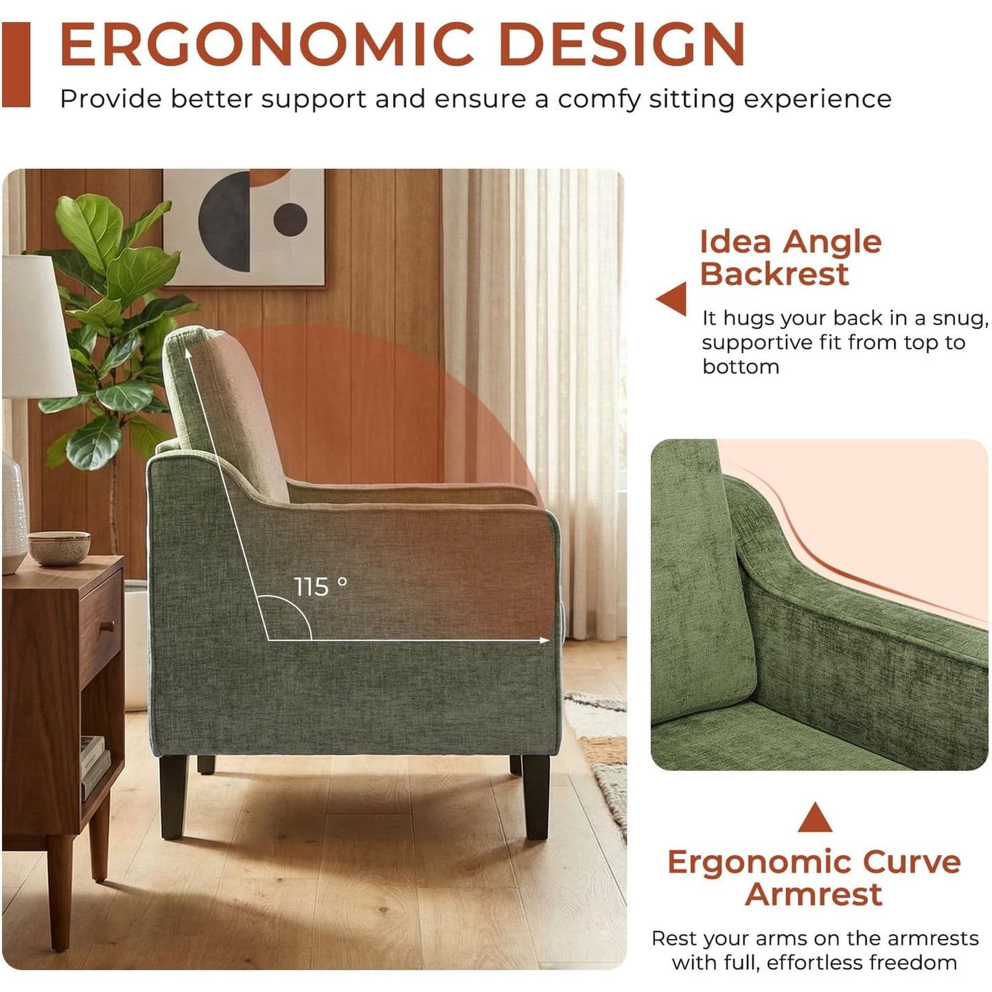 LAZY BUDDY Comfy Accent Chair for Living Room Bedroom and Waiting Room, Upholstered Mid-Century Reading Chair with Removable Cover & Wood Legs, Wide Singe Modern Lounge Sofa