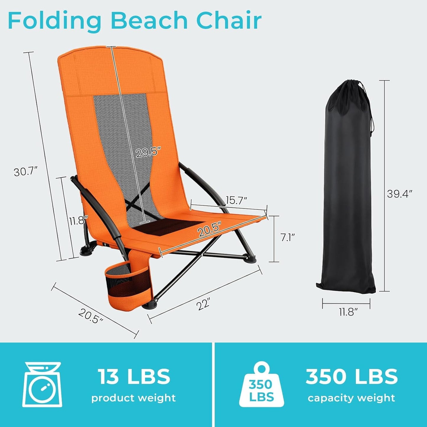 LAZY BUDDY High Back Beach Chair Set of 2, Portable Folding Low Seat Chair for Camping, Beach, Outdoor Concert, 350lbs