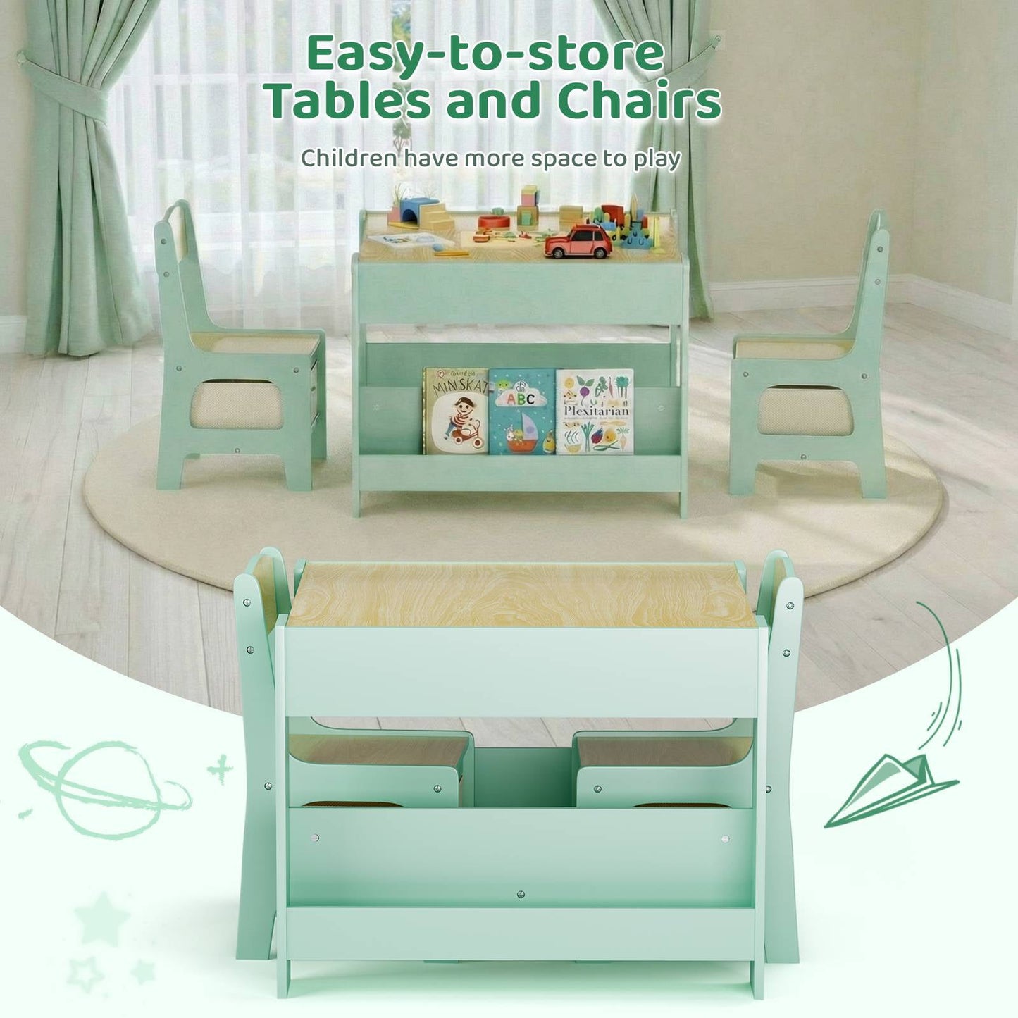 LAZY BUDDY Kids Table and Chairs Set, Toddler Desk with Storage Drawer, Wooden Activity Table Set with Detachable Tabletop, Bookshelf for Classroom/Home/Nursery
